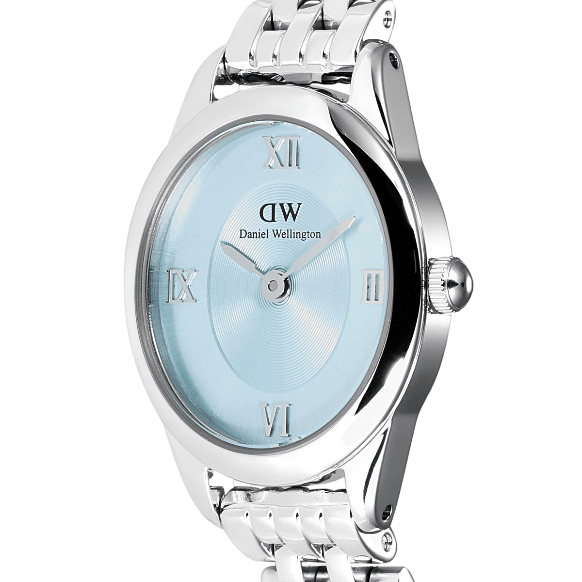 Ophelia Mini Ice Blue Silver women’s watch with oval case, sunray ice blue dial, Roman numerals, and polished silver bracelet.