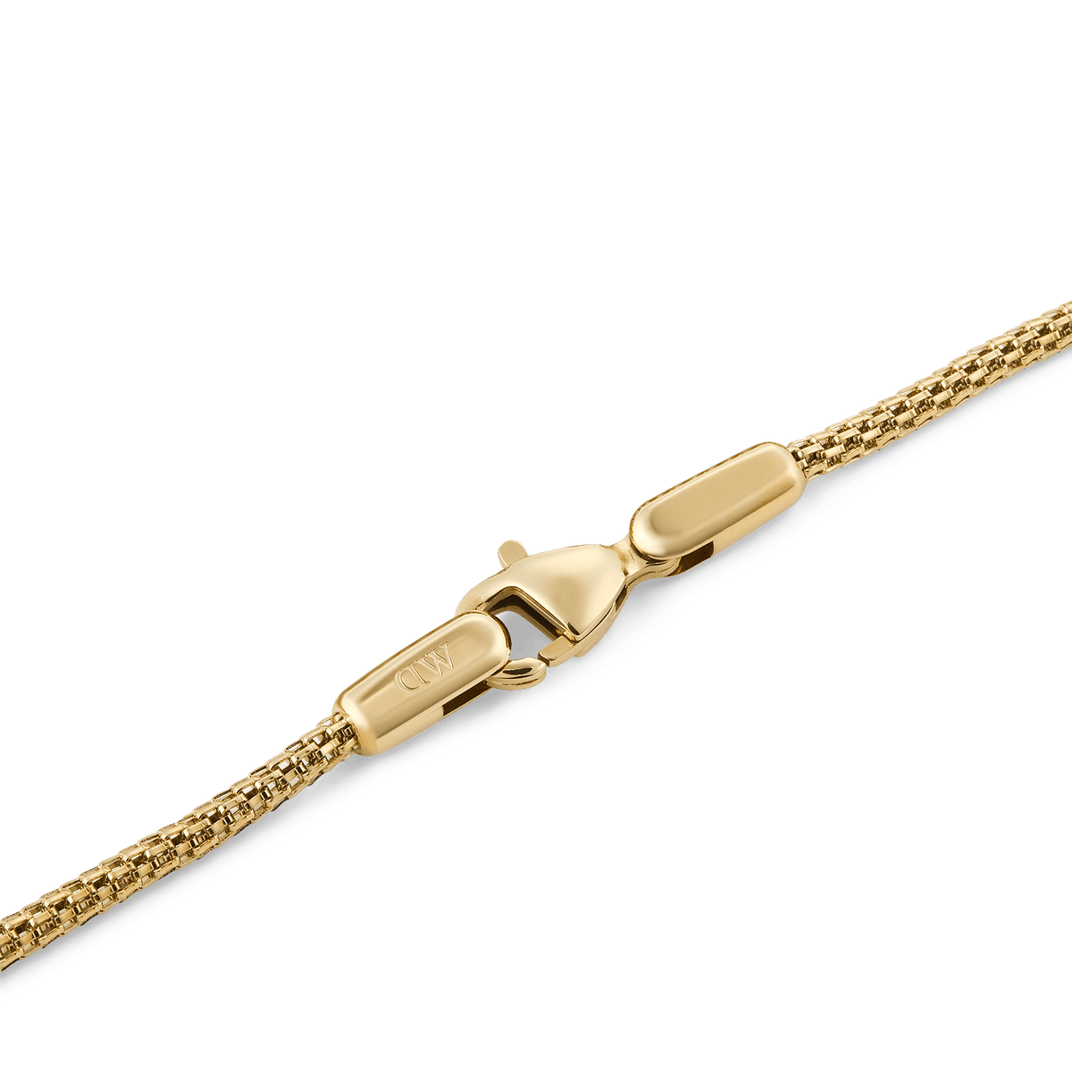 Close-up of the Tide Mesh Bracelet Evergold 1.8 showing its fine gold mesh chain and secure lobster clasp with engraved detail.