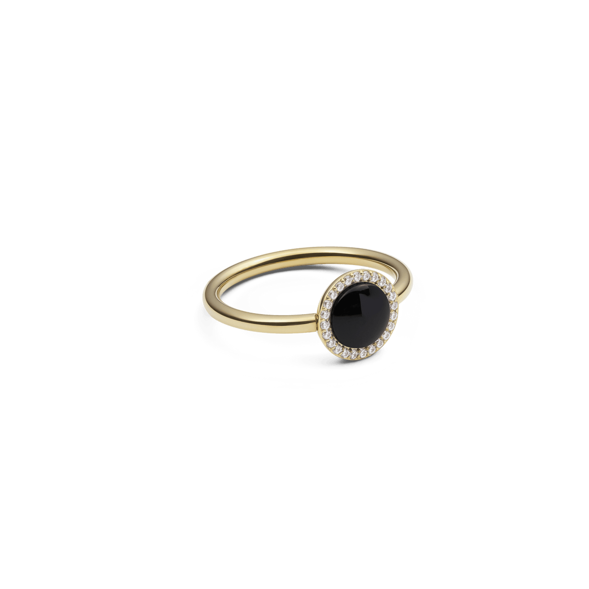 Audrey Ring Black Agathe Gold featuring a round black agate centre and halo of white crystals on a slim gold band.