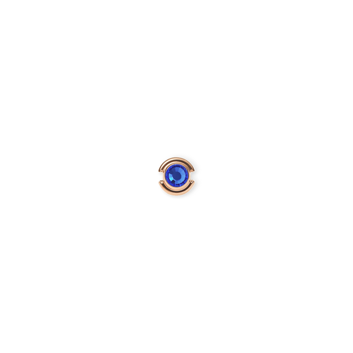 Rose gold charm featuring a deep blue sapphire-toned crystal set in polished stainless steel, shown against a plain background.