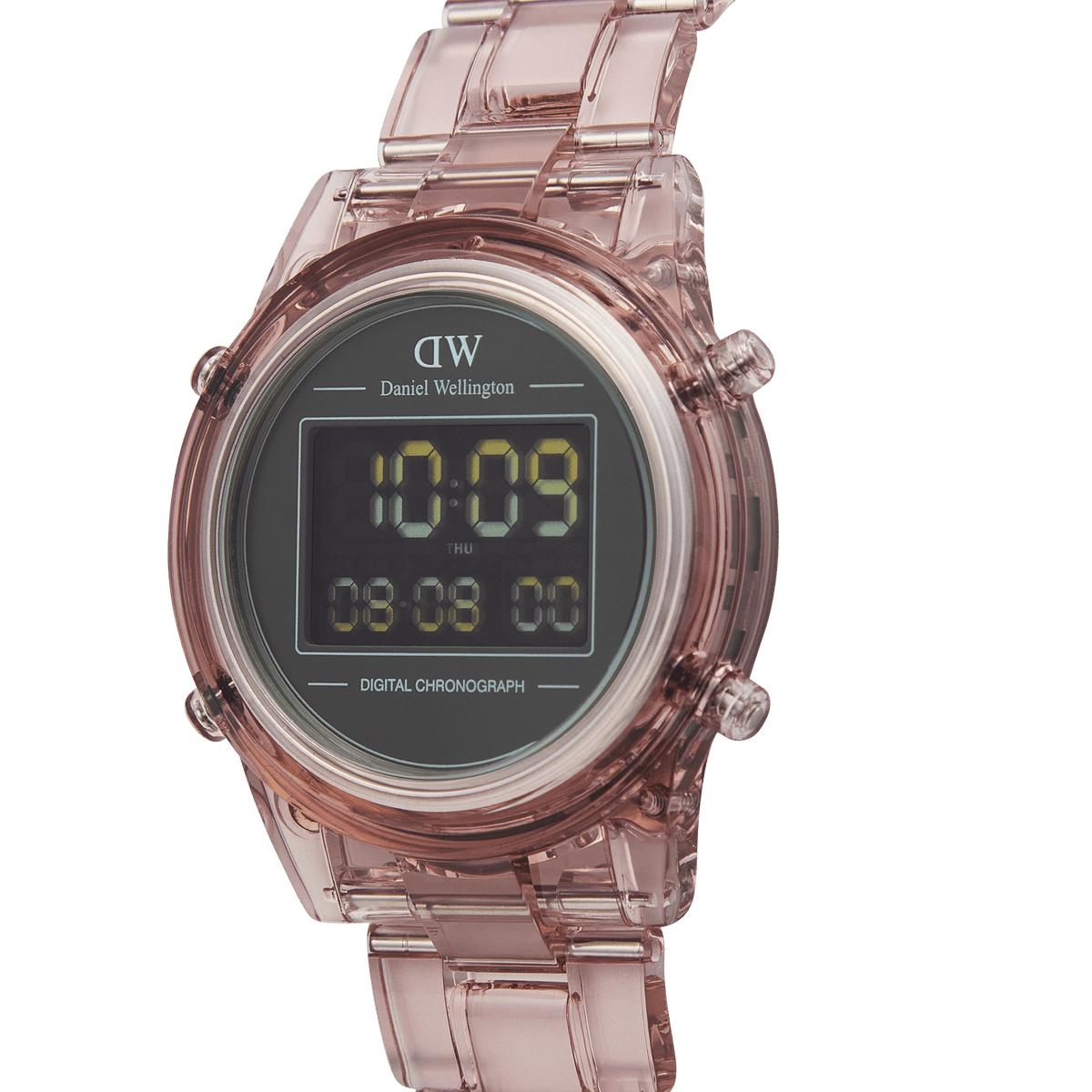 Retro Digital Dark Pink watch featuring a round transparent dark pink bio-based plastic case and strap, with a black digital dial displaying dual time, day, and chronograph functions.