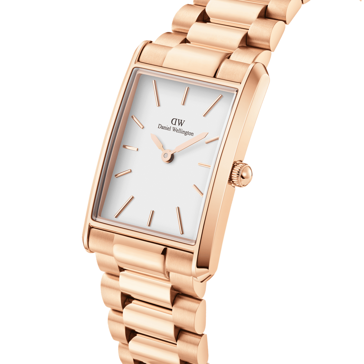Bound 3-Link Rose Gold watch featuring a rectangular rose gold case, minimalist white dial, and polished three-link bracelet in a close-up angled view.