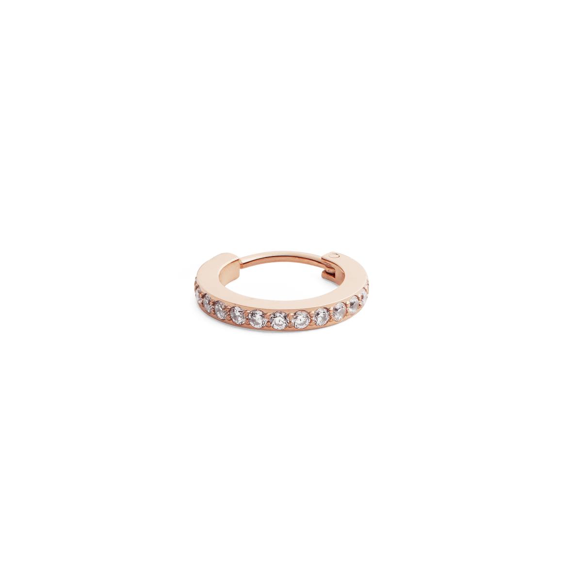Rose gold hoop earring featuring a row of sparkling cubic zirconia crystals set in a petite, polished stainless steel design.