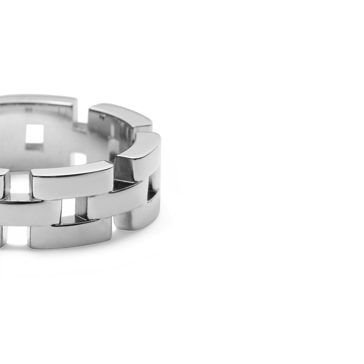 Close-up of the 3-Link Ring Silver, highlighting its polished stainless steel finish, bold geometric links, and modern, openwork design.