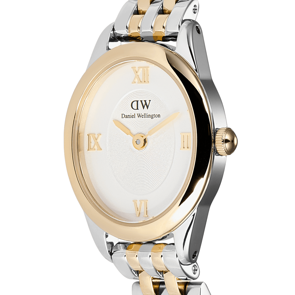Close-up of Daniel Wellington Ophelia Mini Two Tone Gold watch with oval gold-silver case and Roman numeral sunray dial.