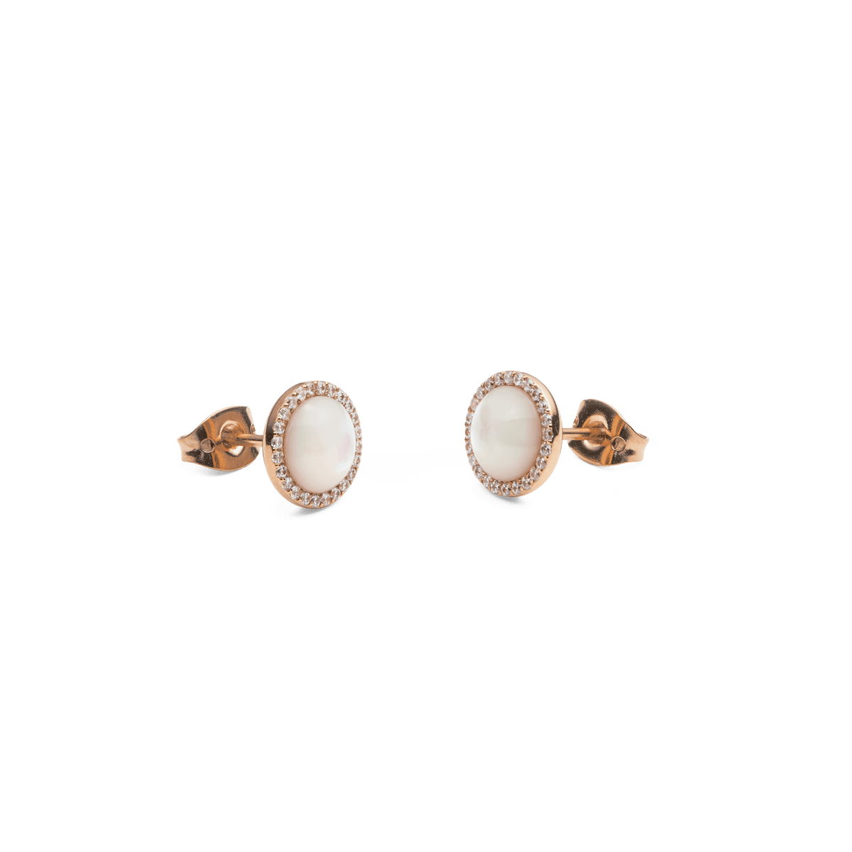Audrey stud earrings in rose gold with domed mother of pearl centre and sparkling cubic zirconia halo, elegant and refined.