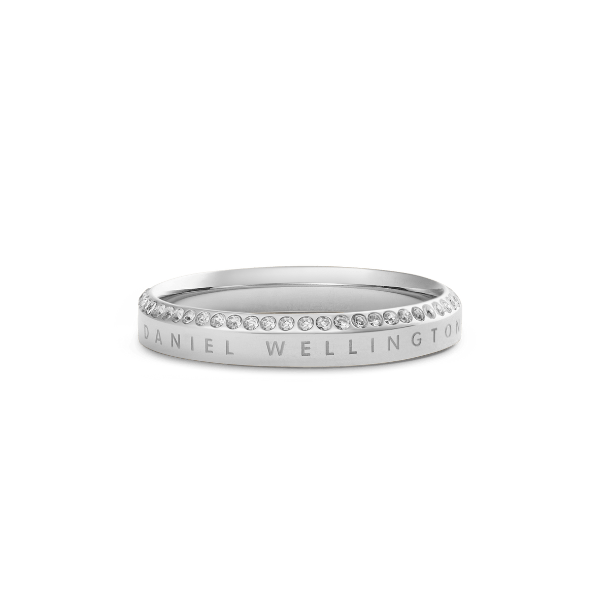 Classic Aura Ring Silver by Daniel Wellington, featuring a polished stainless steel band with a row of white cubic zirconia crystals along the chamfered edge and subtle engraved branding.