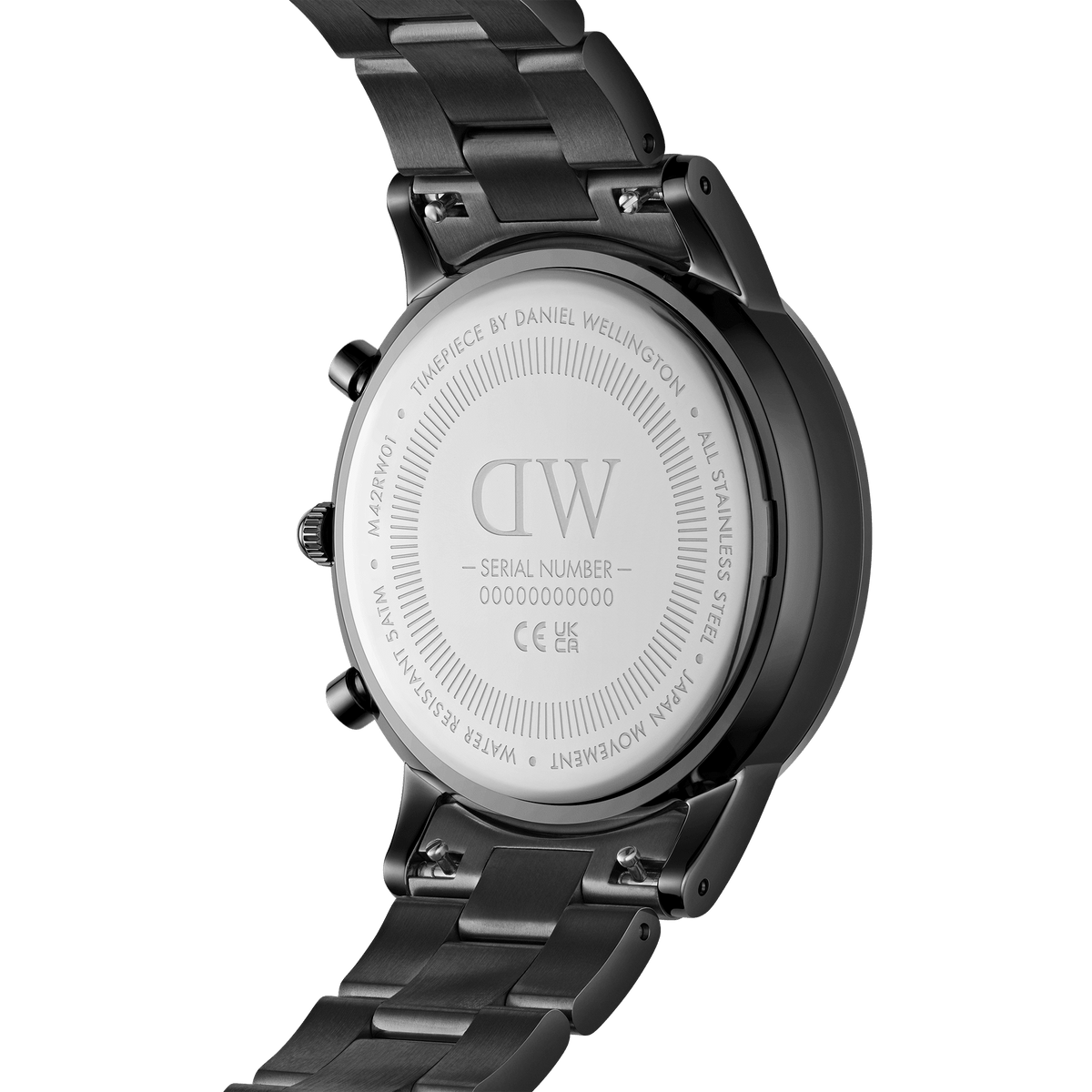 Back view of Iconic Chronograph Link Onyx B watch showing stainless steel case, engraved branding, and black link bracelet.