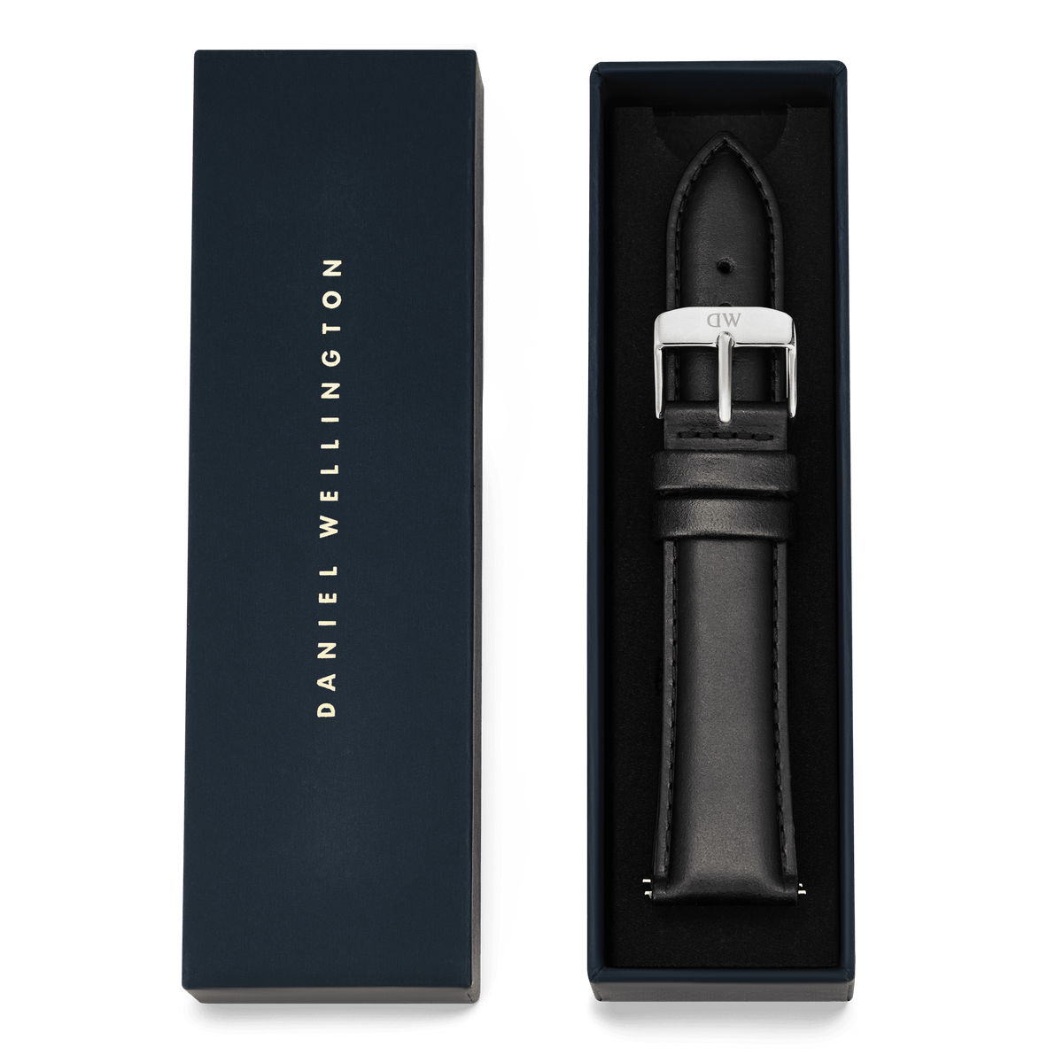 Tapered Sheffield Strap Silver presented in a navy Daniel Wellington gift box, featuring a black genuine leather watch strap with a polished silver buckle and refined stitching.