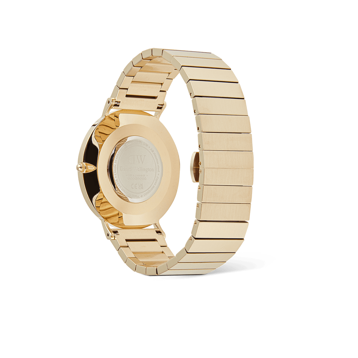 Rear view of the Classic Piano Link Gold Unitone watch highlighting the engraved case back, adjustable gold piano link bracelet, and butterfly clasp.