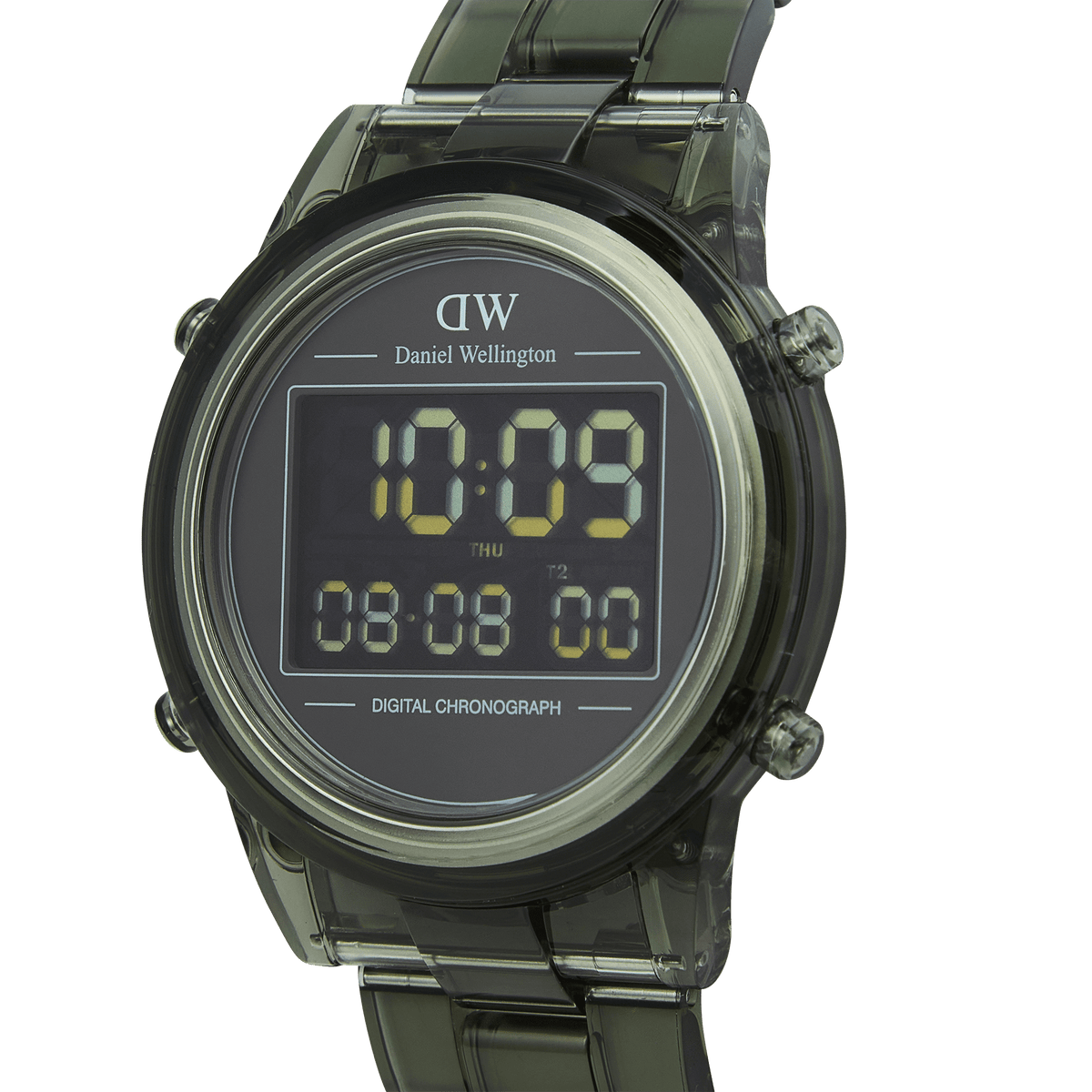 Close-up of the Retro Digital Dark Green watch showing its transparent dark green case, matching link strap, and black digital dial with dual time and chronograph display.