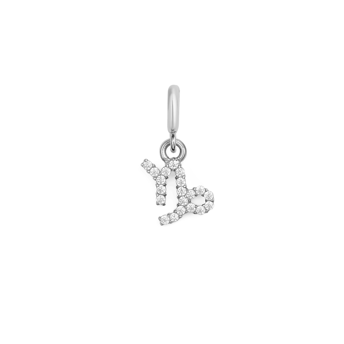 Capricorn zodiac watch charm in polished silver stainless steel, featuring the Capricorn symbol set with sparkling cubic zirconia crystals in a delicate claw setting.