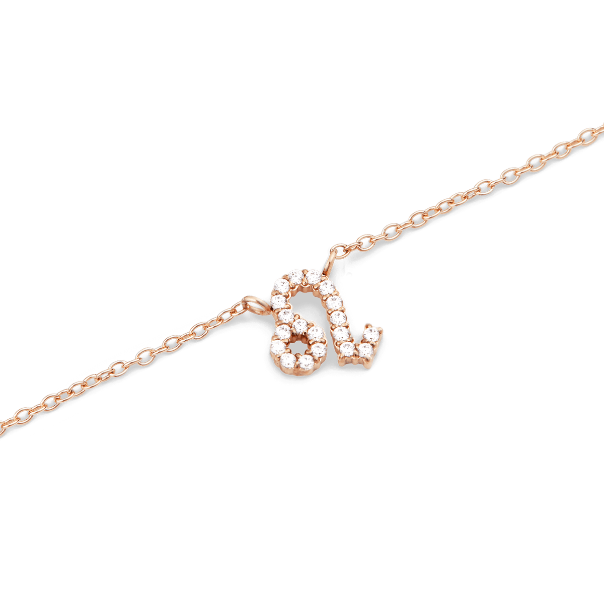 Rose gold chain necklace featuring a Leo zodiac pendant adorned with hand-set sparkling crystals.