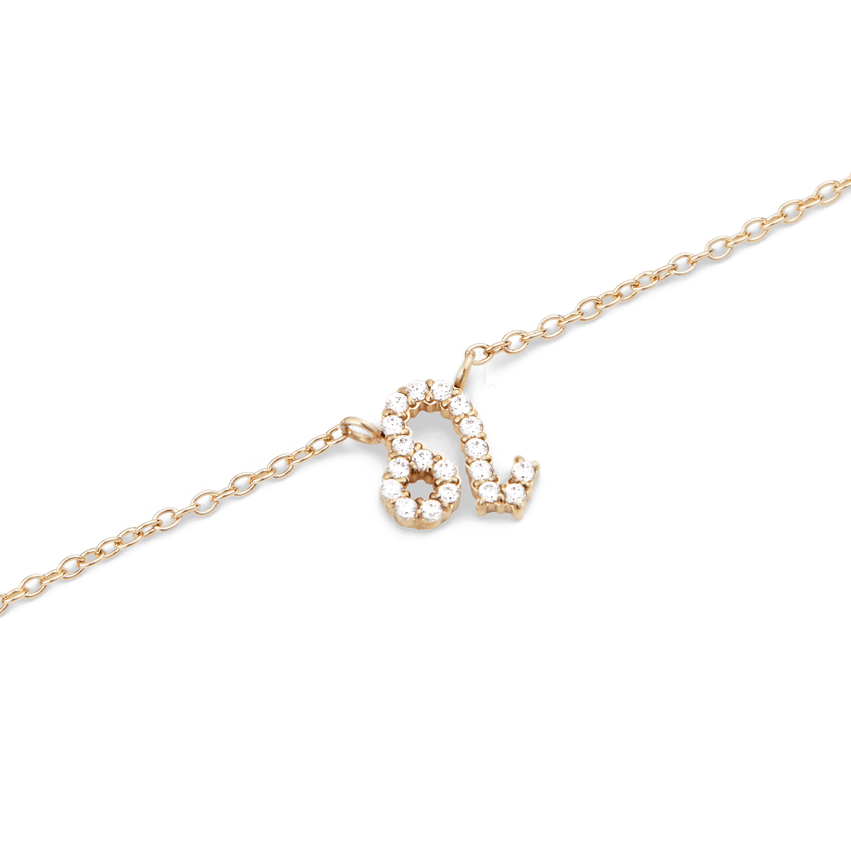 Gold chain necklace with a Leo zodiac pendant, detailed with hand-set sparkling crystals.
