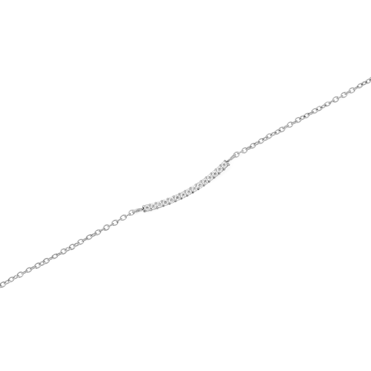 Close-up of the Mirelle Eternity Necklace Silver, highlighting the slim silver chain and the delicate bar detail set with white cubic zirconia crystals for a refined, minimalist finish.