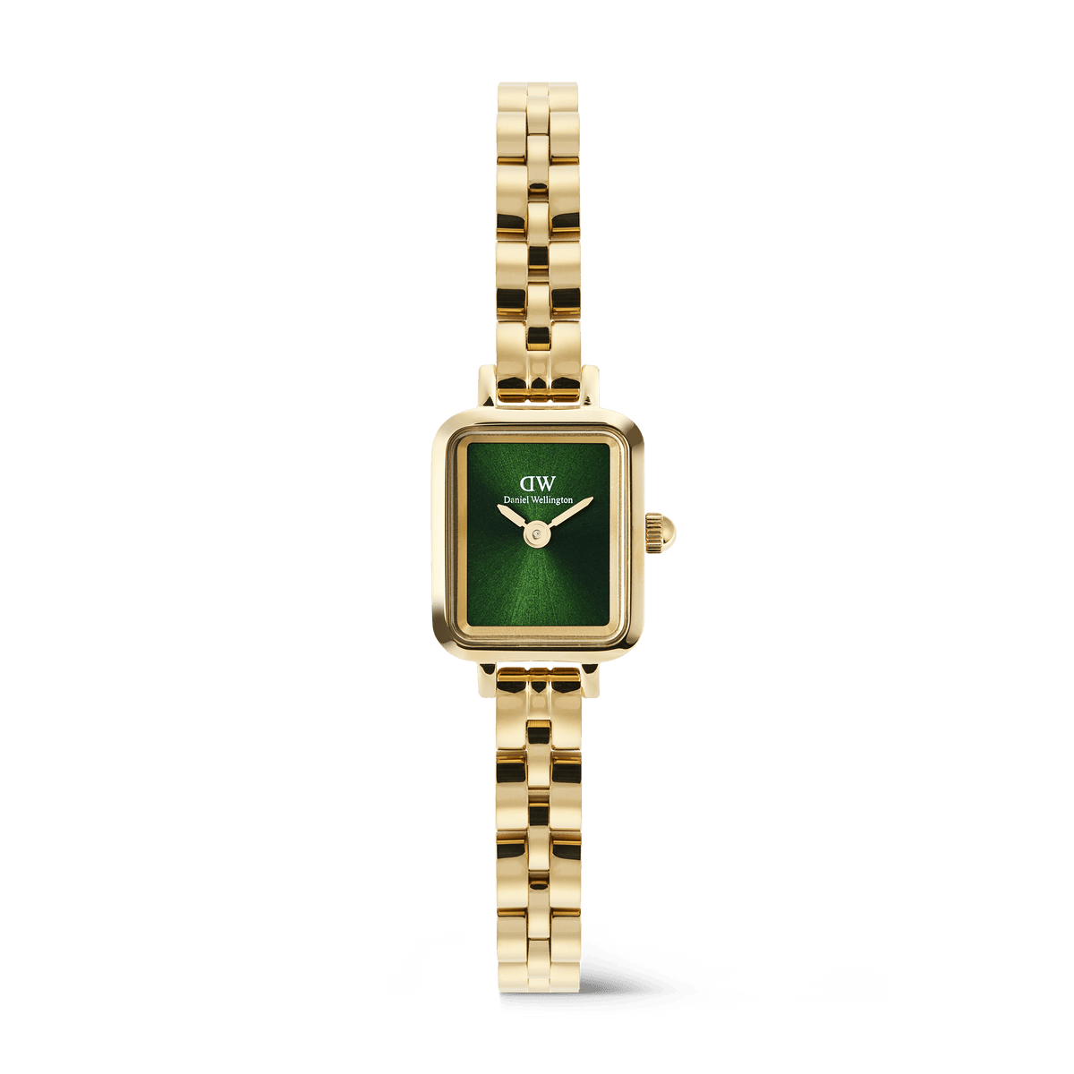 Rectangular gold women’s wristwatch with a polished 3-link bracelet and an emerald green sunray dial, featuring a minimalist no-index face and a sleek, modern profile.