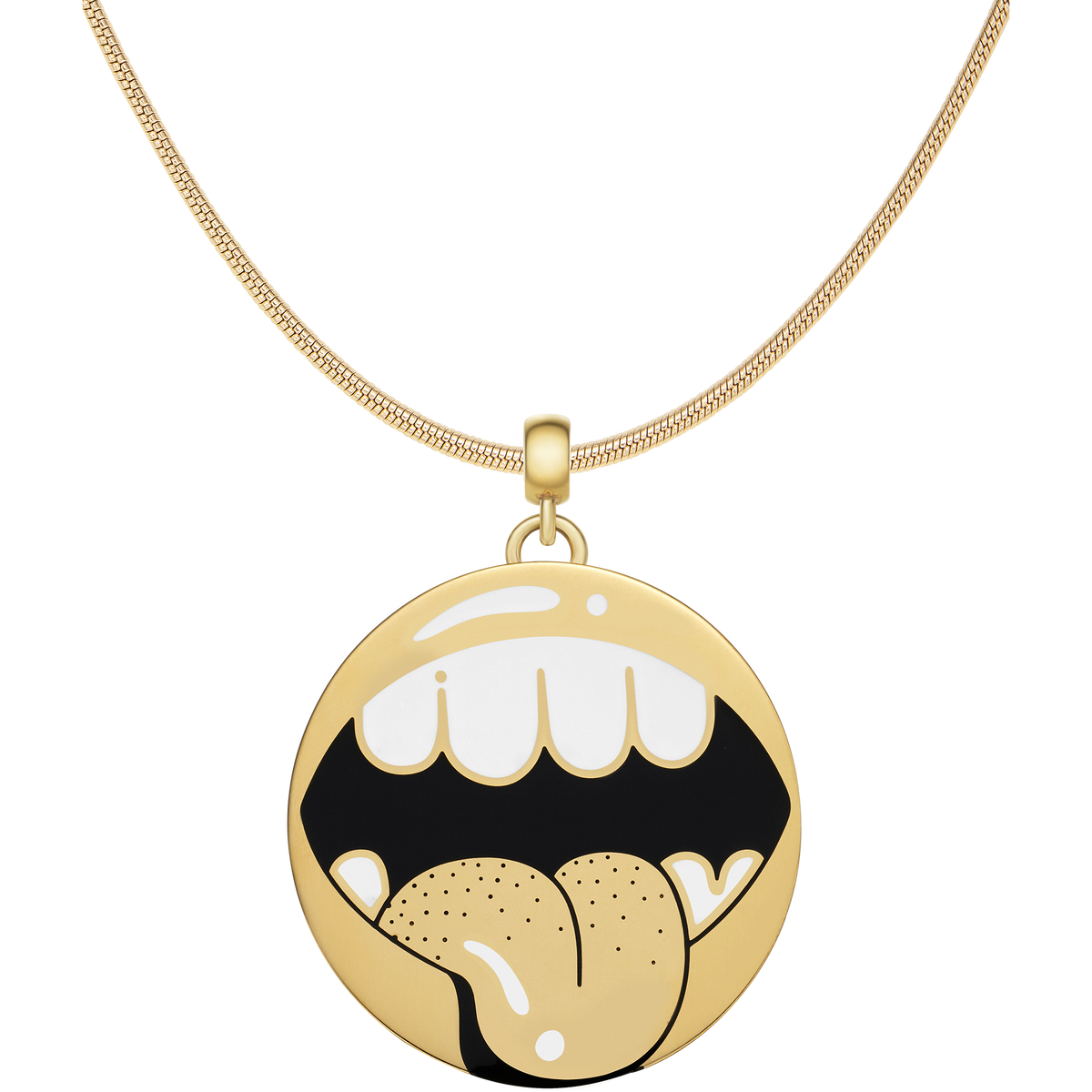 Gold pendant necklace from the Steven Harrington x Daniel Wellington set, featuring a round charm with a playful, graphic mouth and tongue motif in black, white, and gold. The bold design adds a creative, modern touch to any jewellery collection.