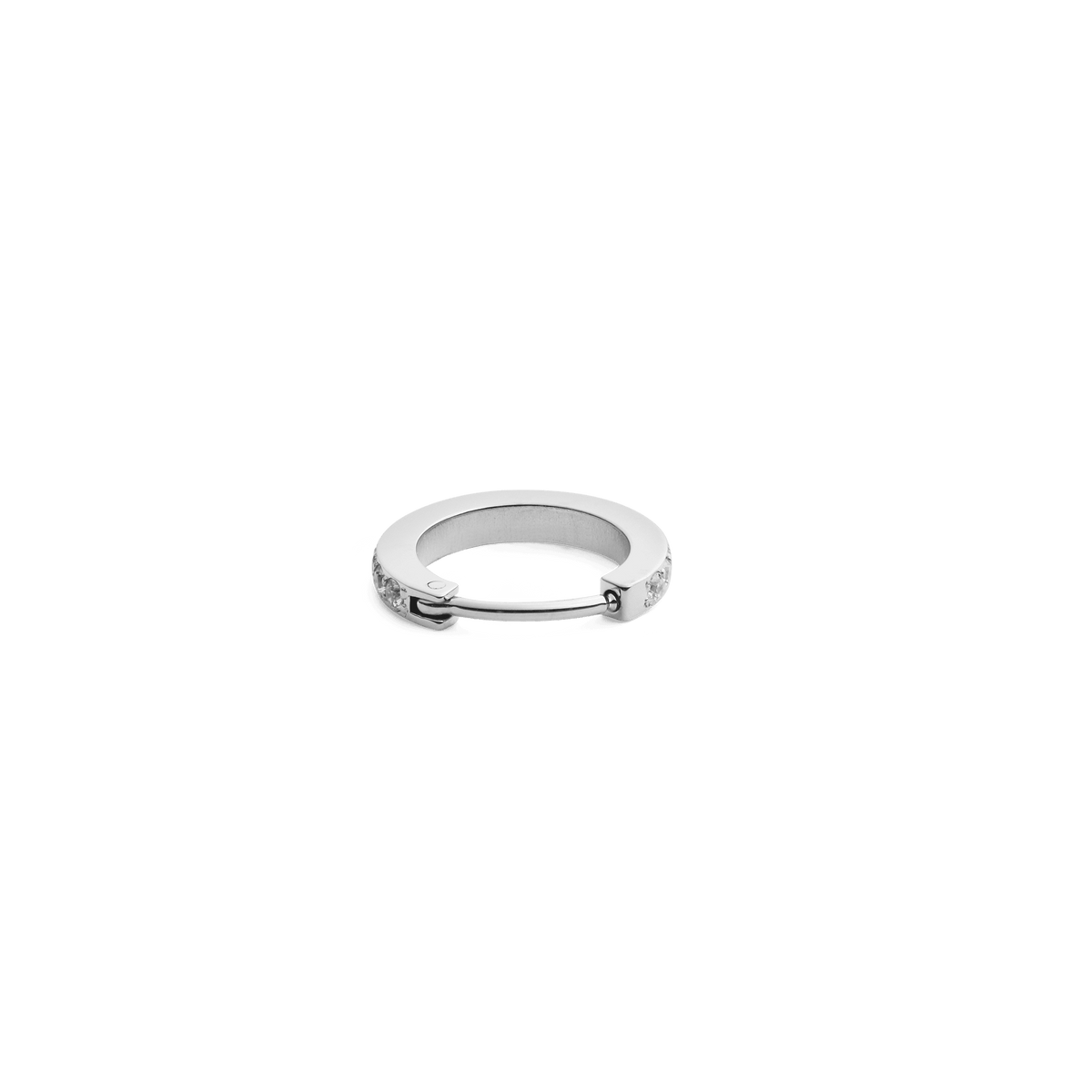 Crystal Hoop Earring Silver displayed flat with a secure closure, featuring a sleek silver finish and a row of sparkling cubic zirconia crystals.