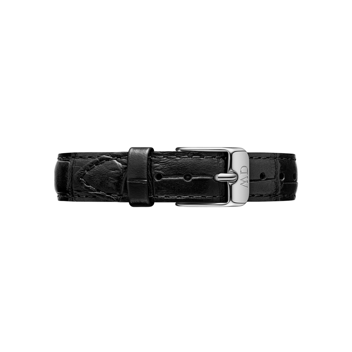 Black croc embossed leather watch strap with a slim, polished silver buckle engraved with subtle branding, designed for a refined and versatile look.