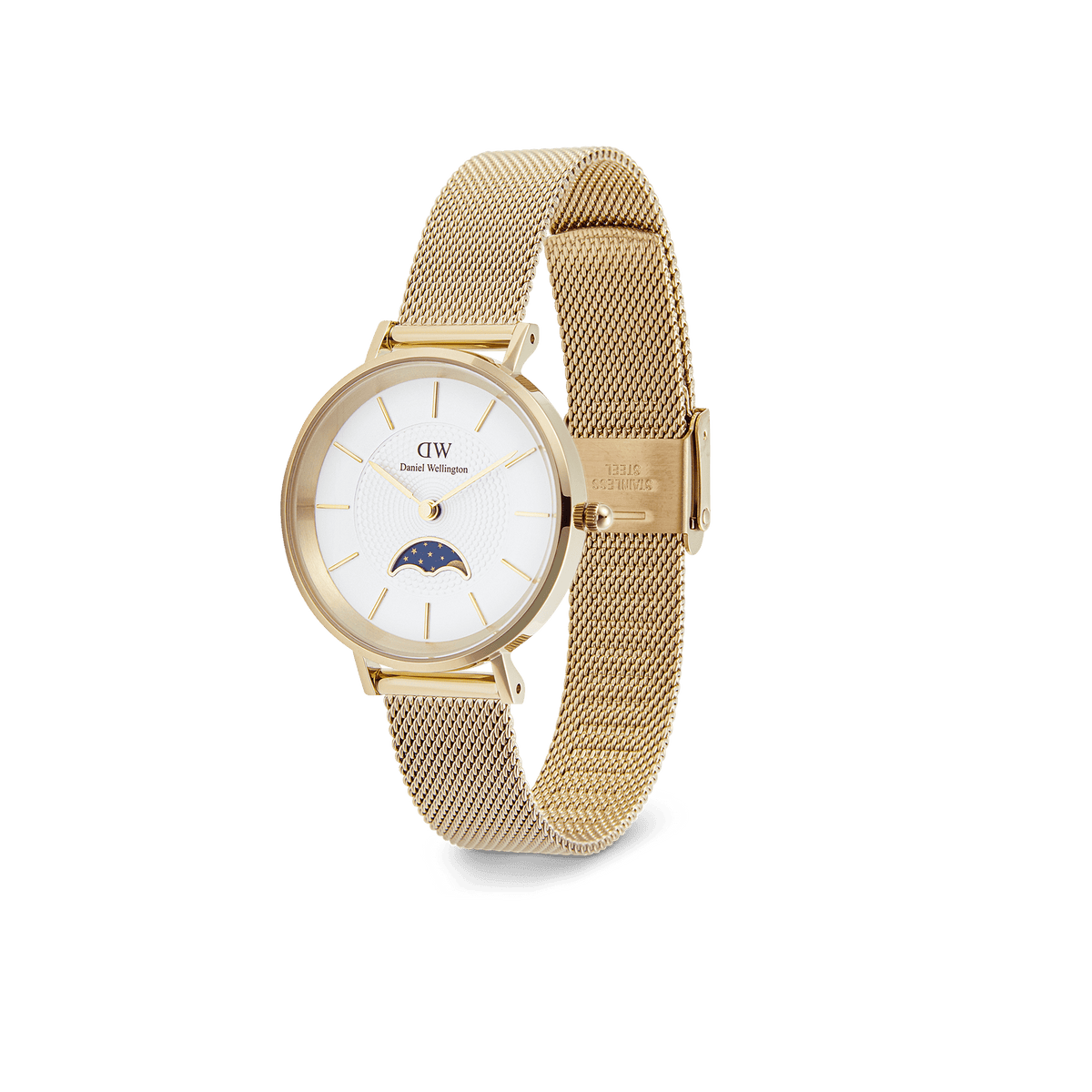 Daniel Wellington Petite Lune Evergold watch with a gold mesh strap, white dial, and moon phase sub-dial, shown in a side profile.
