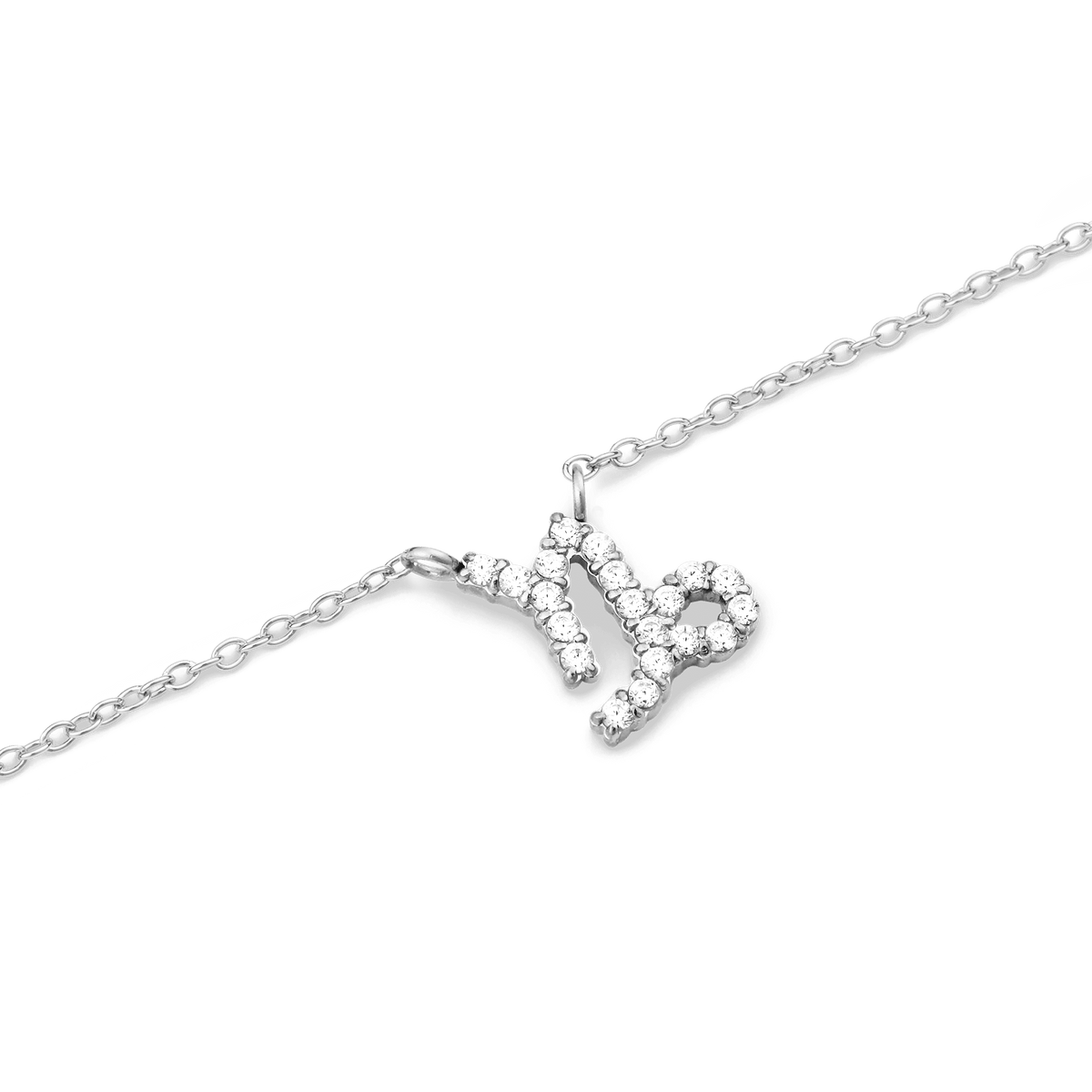 Silver chain necklace featuring a Capricorn zodiac pendant adorned with hand-set sparkling crystals.