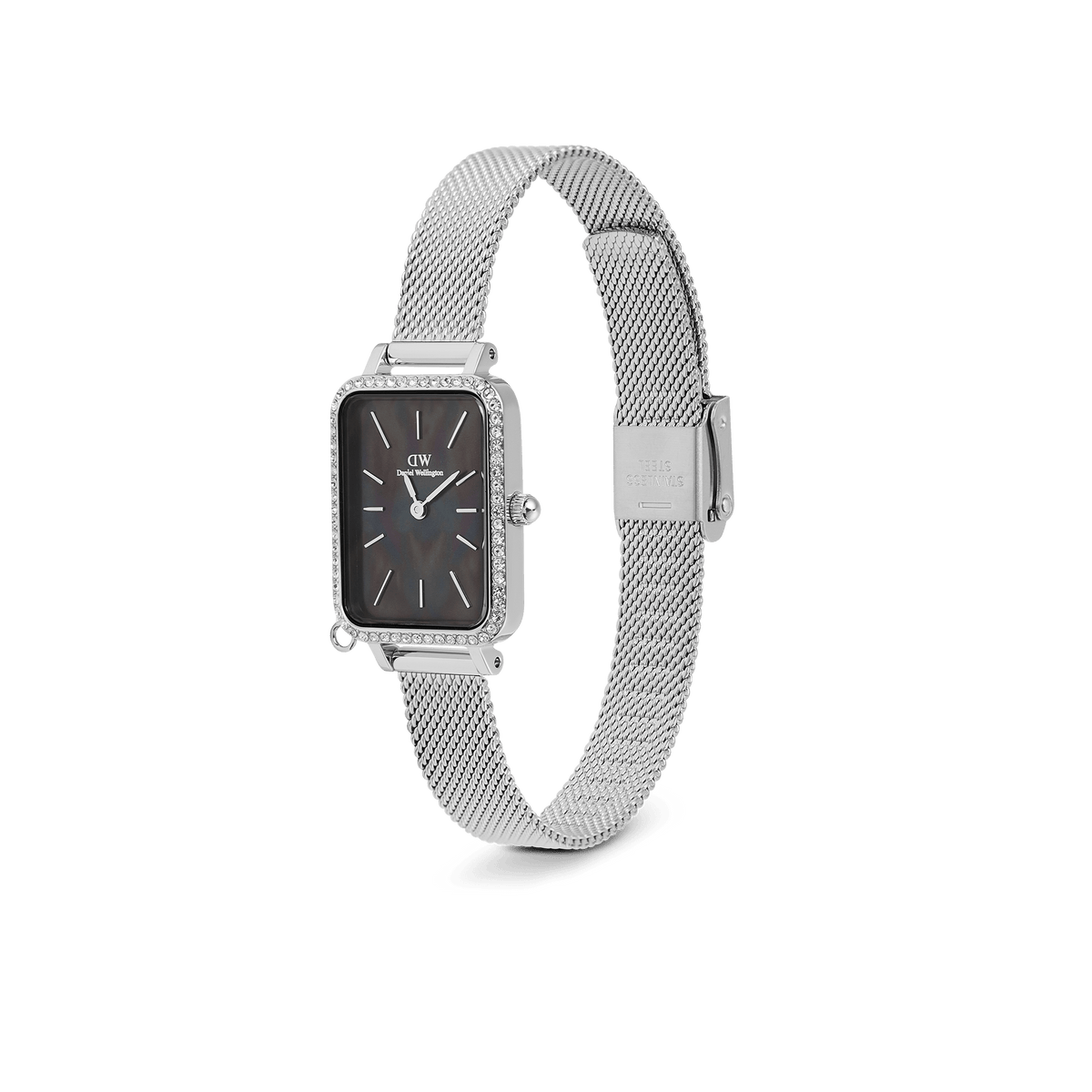 Quadro Crystal Zodiac Sterling Set featuring a rectangular silver case with a crystal-set bezel, black mother of pearl dial, and an adjustable silver mesh strap, offering a refined and elegant look for women.