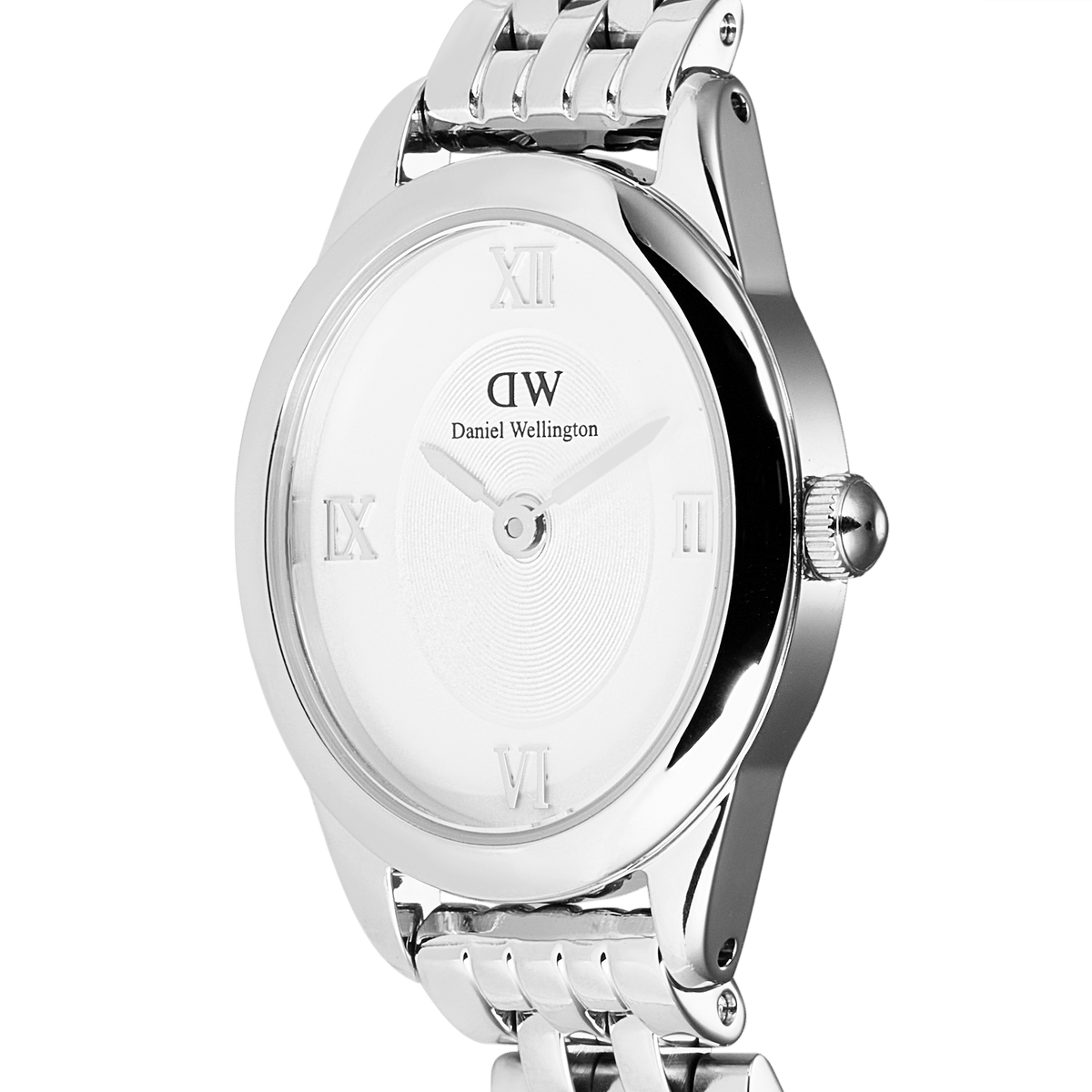 Close-up of Ophelia Mini Silver women’s watch with oval stainless steel case, sunray white dial, and Roman numeral markers.