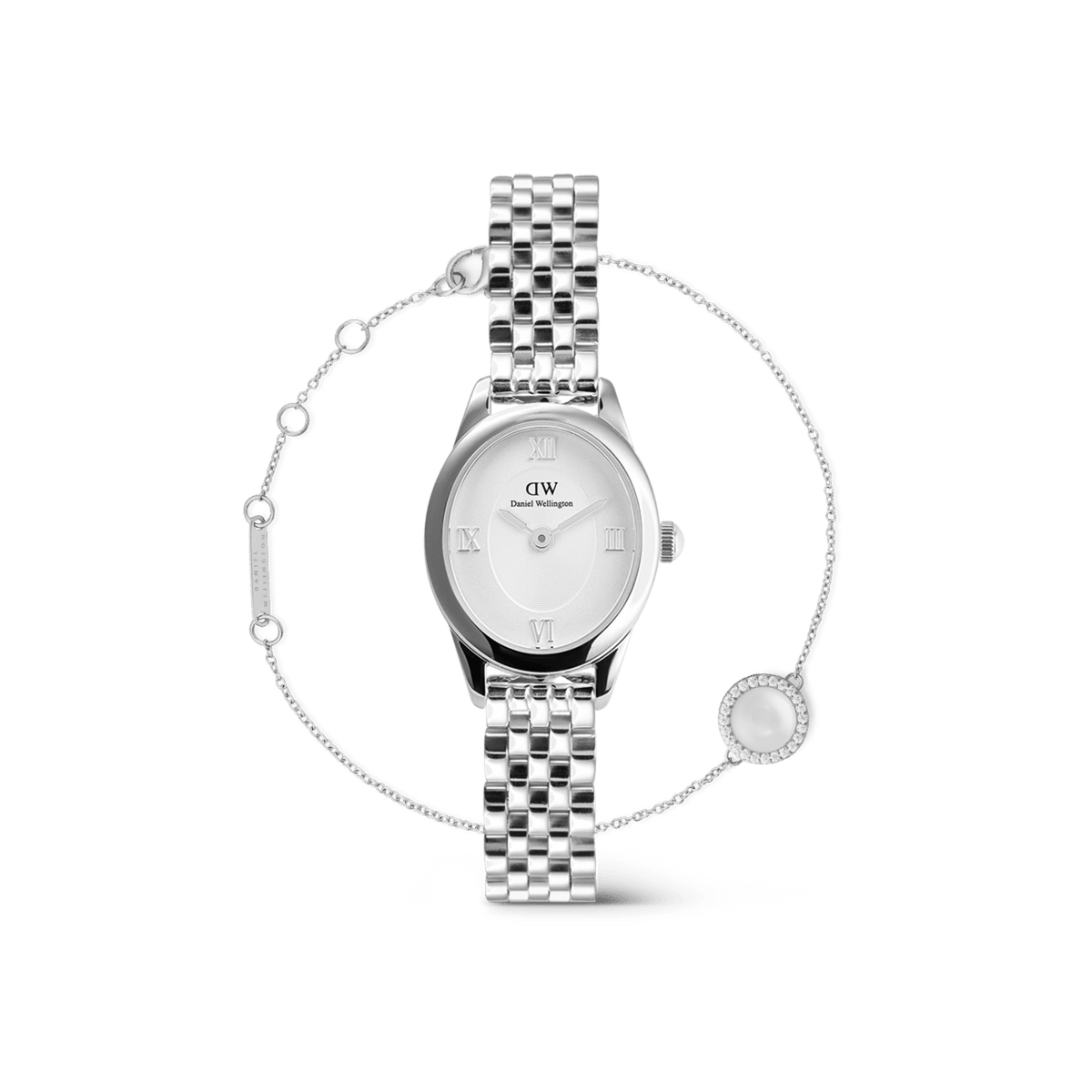 Silver women’s watch with a round face and classic link strap, paired with a delicate silver bracelet featuring a mother of pearl accent, both displayed against a plain background.