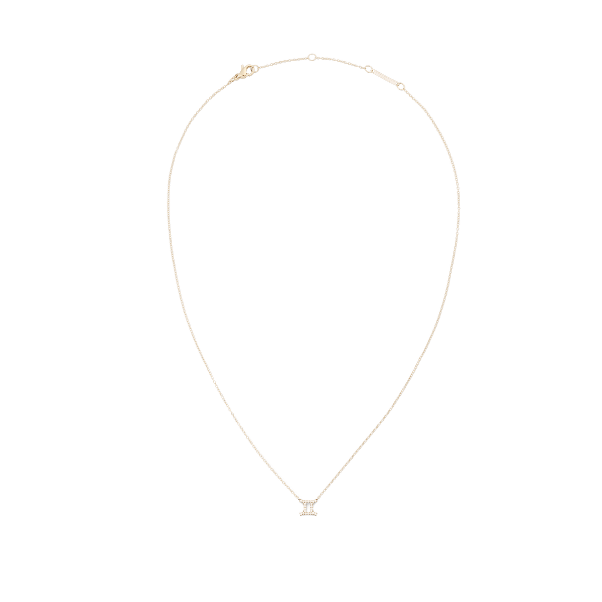 Gold chain necklace with an adjustable length, featuring a Gemini zodiac pendant adorned with sparkling crystals.