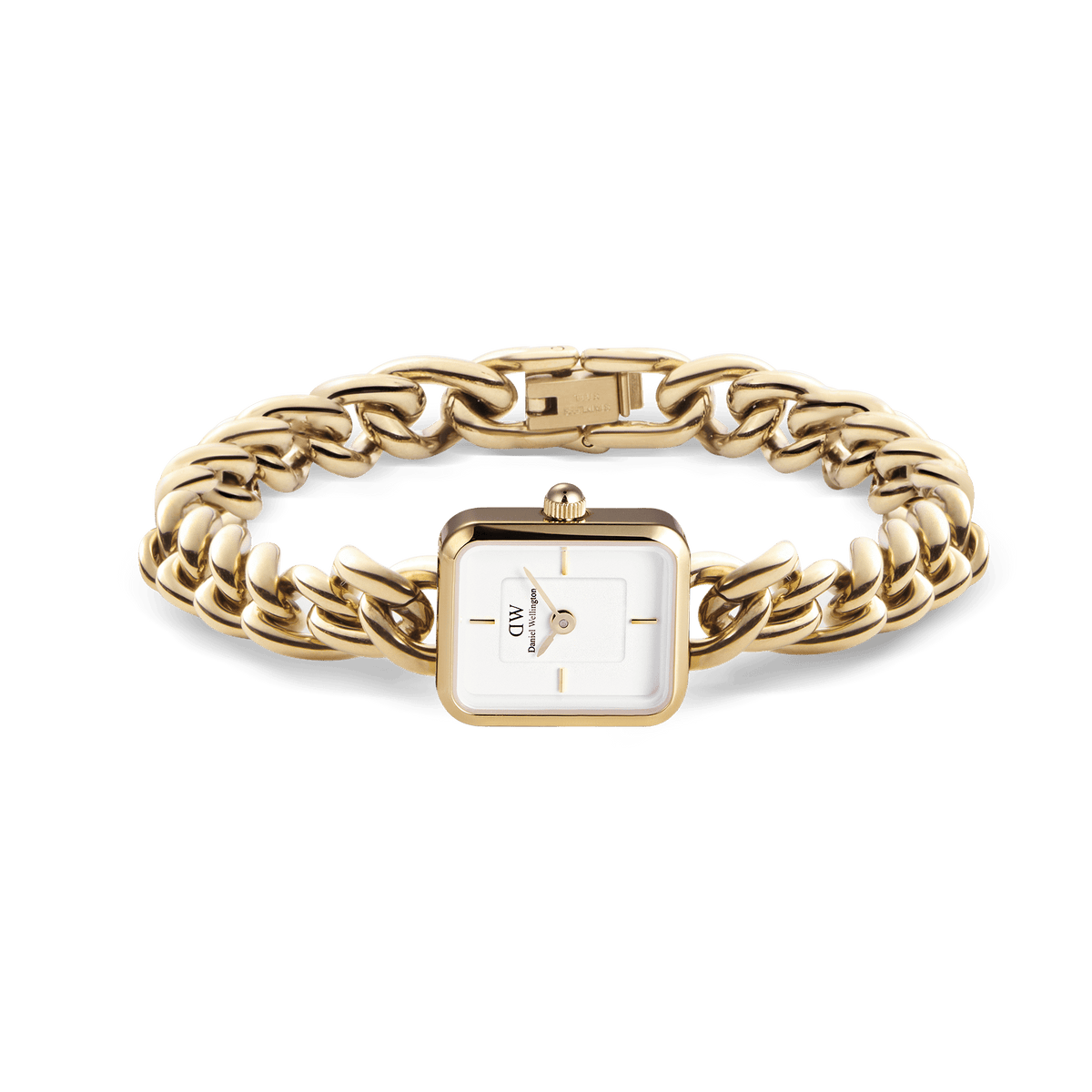 Jolie Chain Gold women’s watch with chunky gold link bracelet, square white dial, and fold-over clasp, elegant jewellery style.