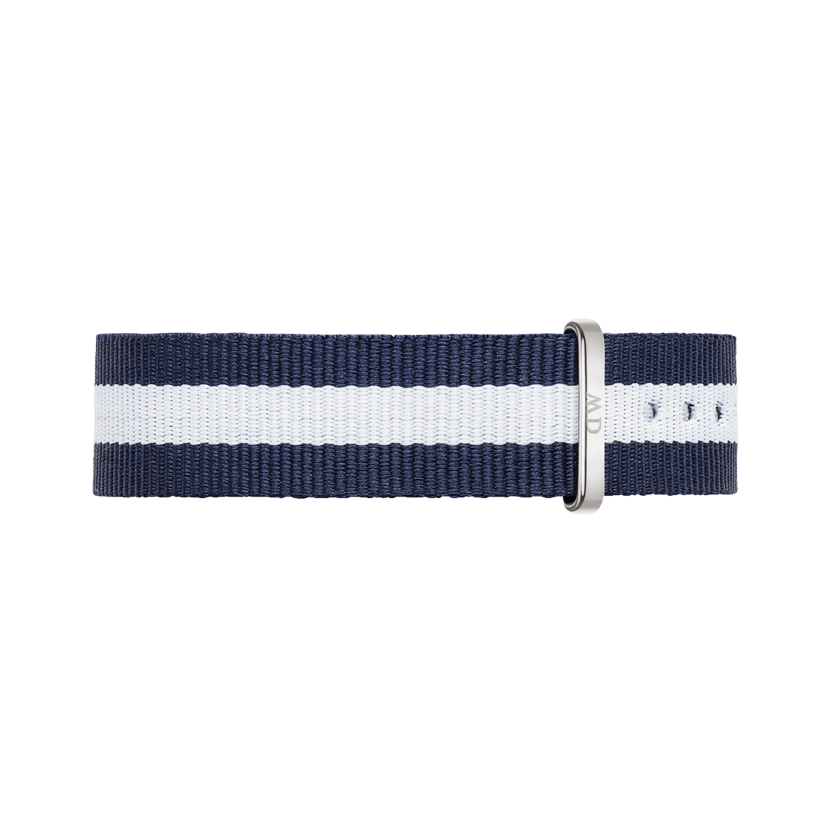 Navy and white striped Glasgow Strap Silver NATO watch strap by Daniel Wellington, featuring a polished silver buckle and durable polyester fabric.