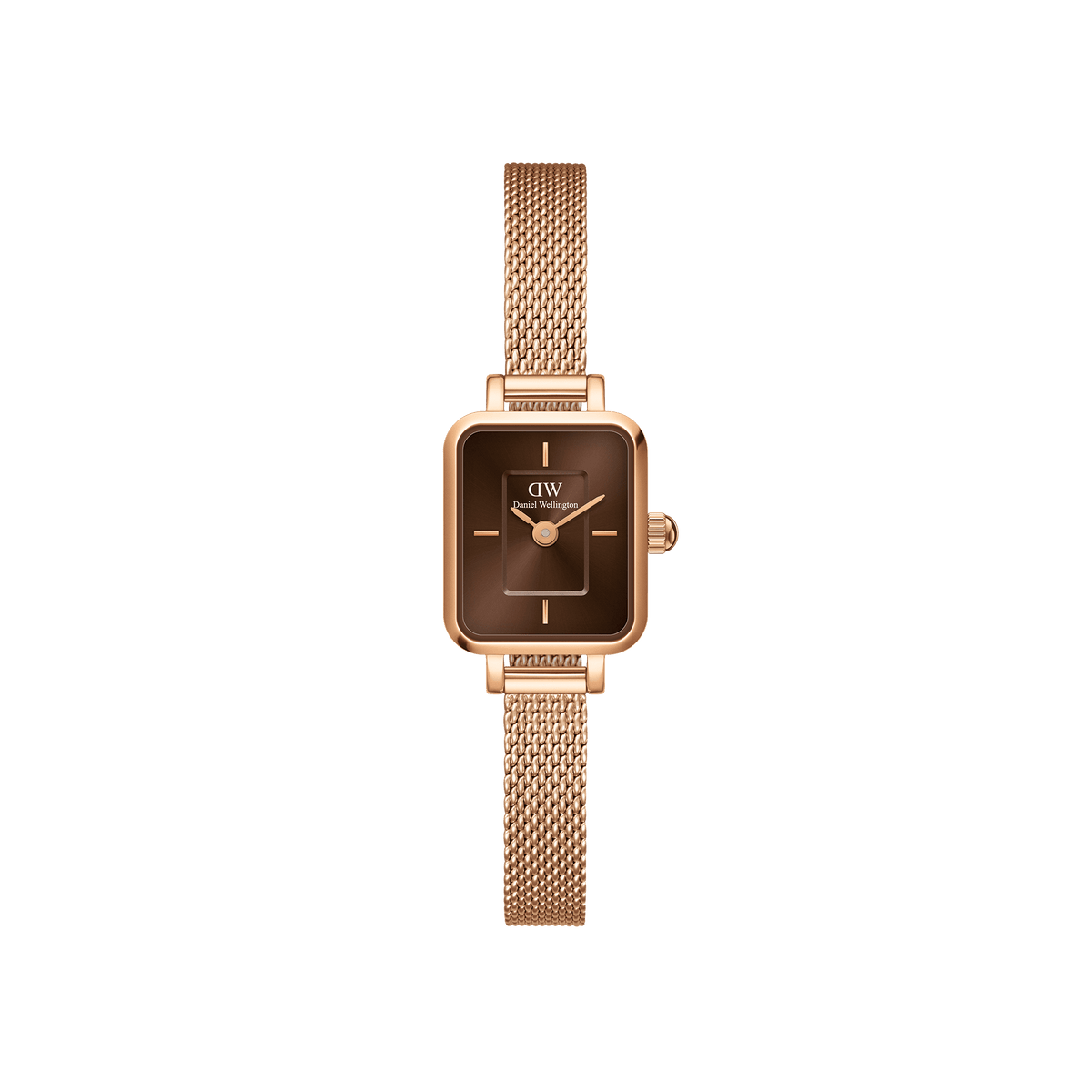 Petite women’s watch with a rectangular deep amber sunray dial, minimalist index markers, and a slim rose gold mesh strap, crafted in stainless steel for an elegant, modern look.
