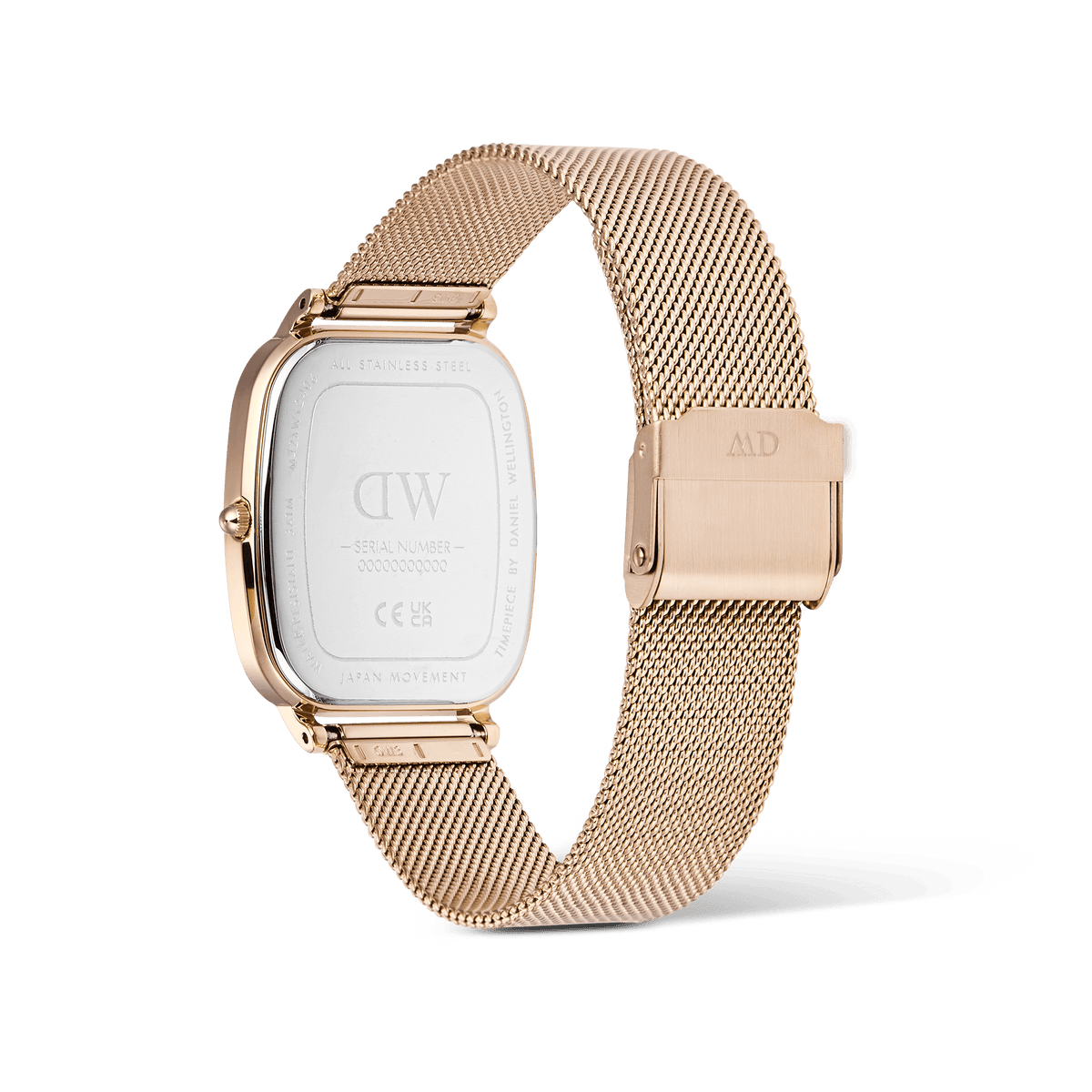 Reverse view of the Daniel Wellington Marlon Melrose Linen watch, showing the polished rose gold cushion-shaped case, stainless steel back, and adjustable rose gold mesh strap with clasp.