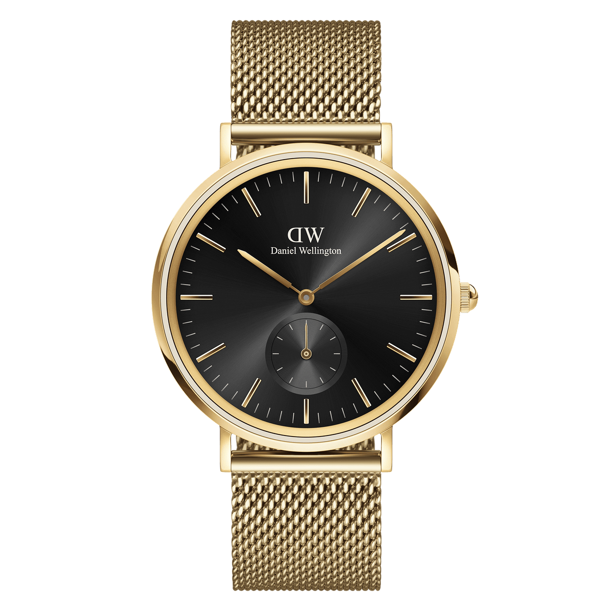Classic Multi-Eye Evergold Onyx watch featuring a sleek black multi-eye dial, gold-tone case, and an elegant gold mesh strap.