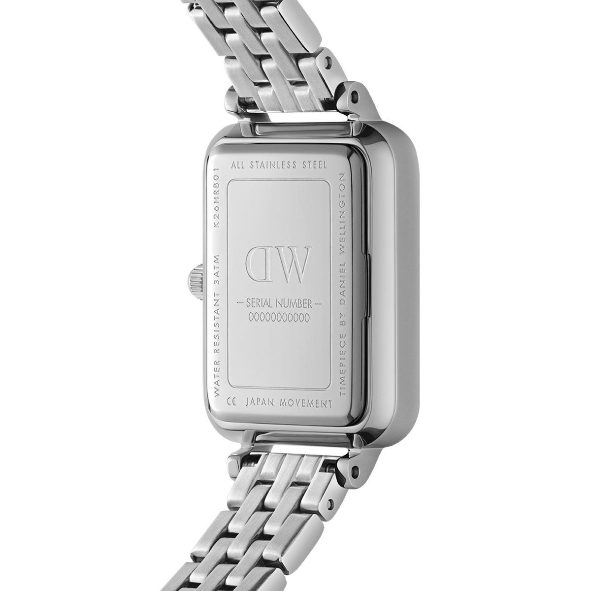 Back view of Quadro Lumine Bezel 5-Link Arctic S, showing stainless steel case, engraved details, and 5-link bracelet.