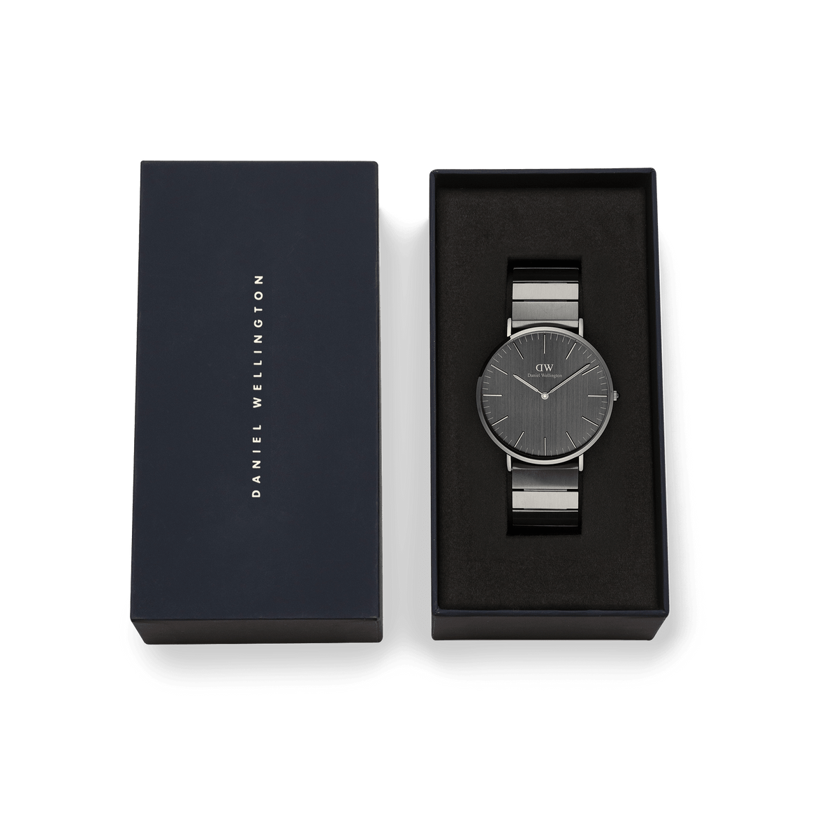 Classic Piano Link Graphite Unitone watch with a brushed graphite dial and piano link strap, presented in a signature Daniel Wellington gift box.