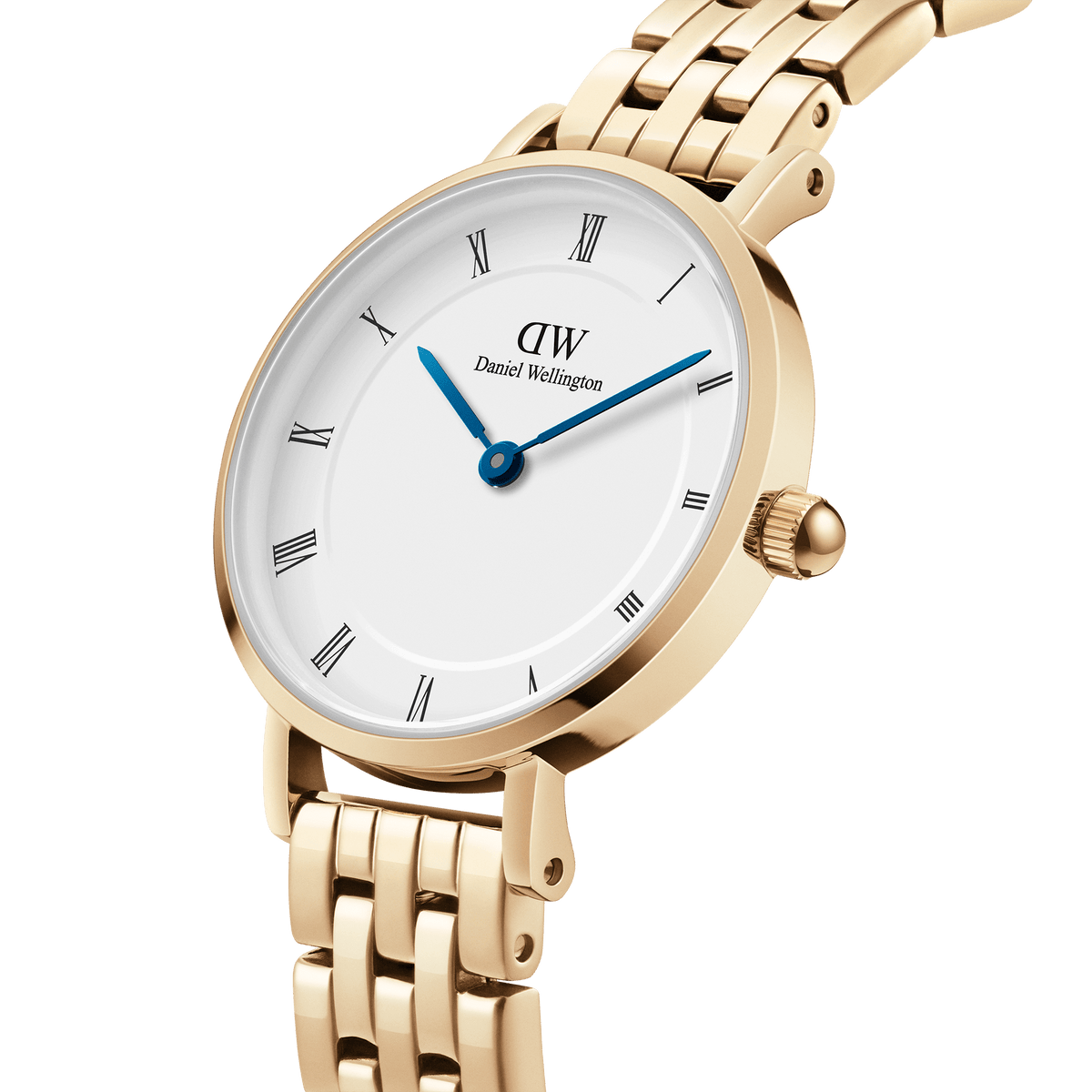 Close-up of petite gold 5-link women’s watch with white Roman numeral dial and blue hands, Daniel Wellington branding.