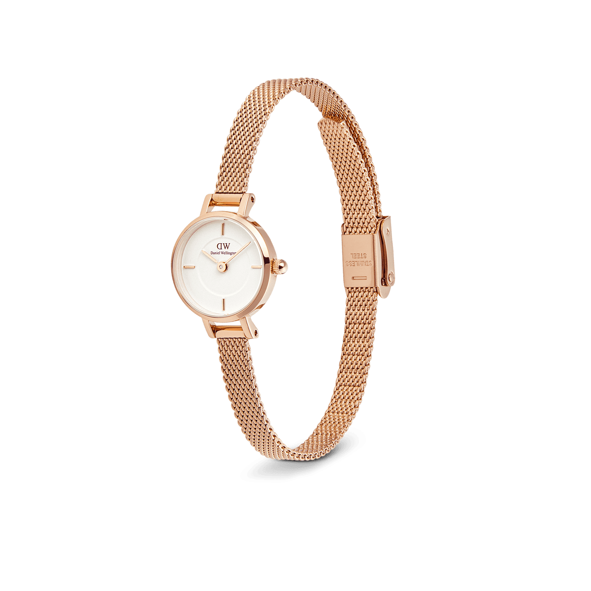 Petite Mini Melrose women’s watch with a 19mm round white dial and rose gold mesh strap, featuring a slim profile and minimalist design ideal for small wrists.