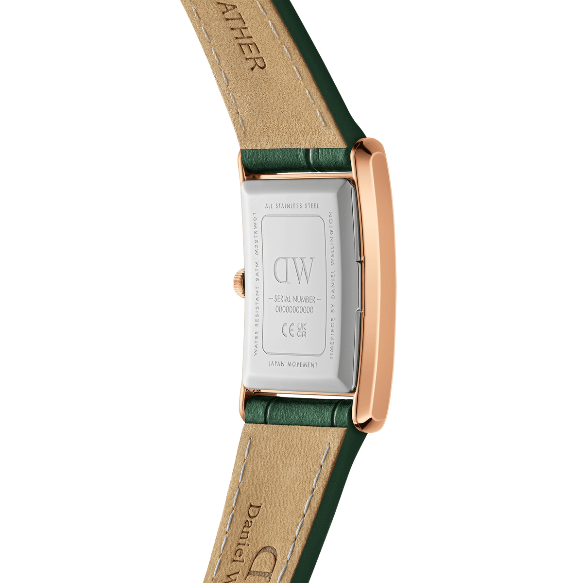 Close-up of the Bound Crocodile Emerald Sunray Rose Gold watch showing the stainless steel case back, rose gold edges, and green crocodile pattern leather strap.