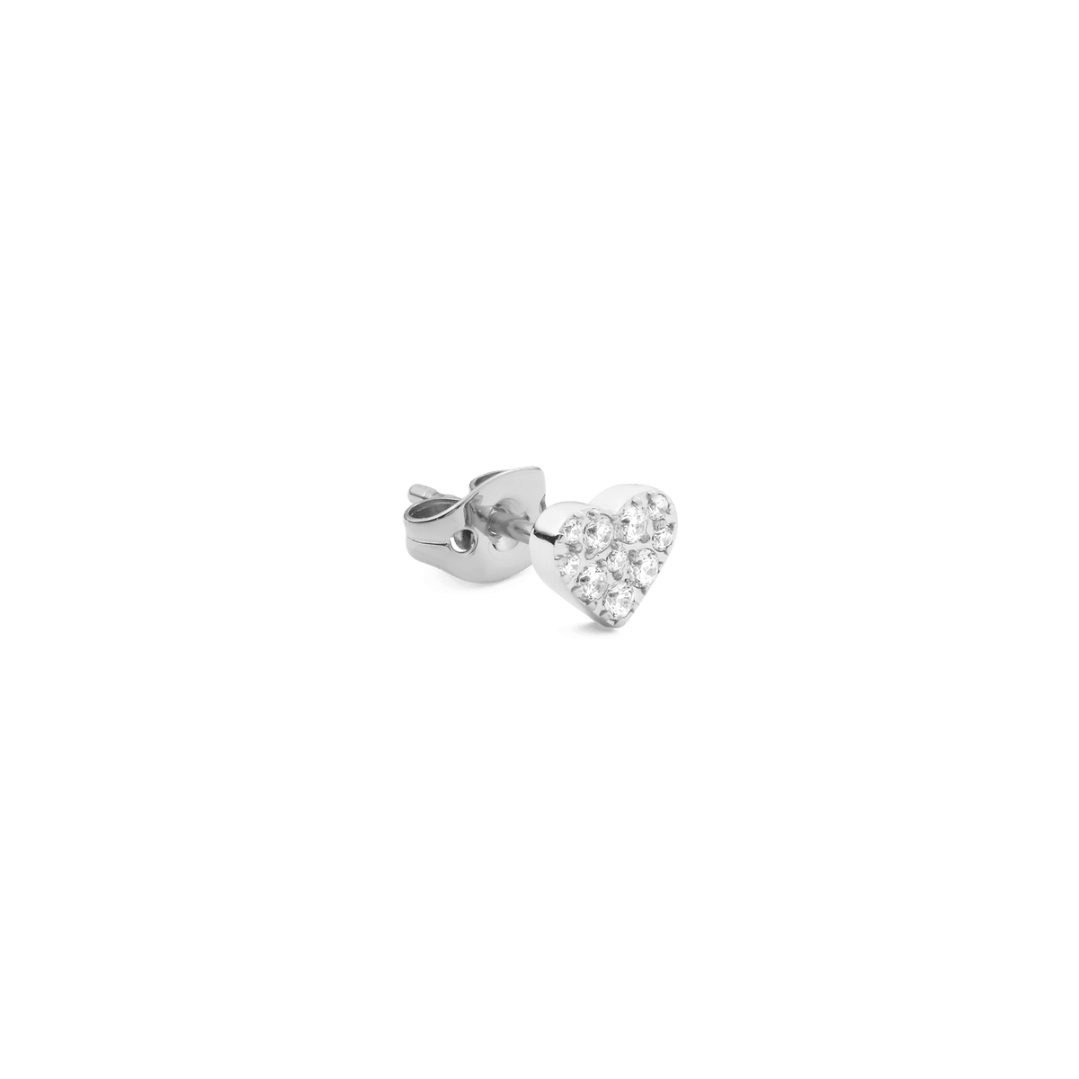 Crystal Heart Stud Silver earring featuring a polished heart-shaped design with nine sparkling cubic zirconia stones and a secure butterfly back.