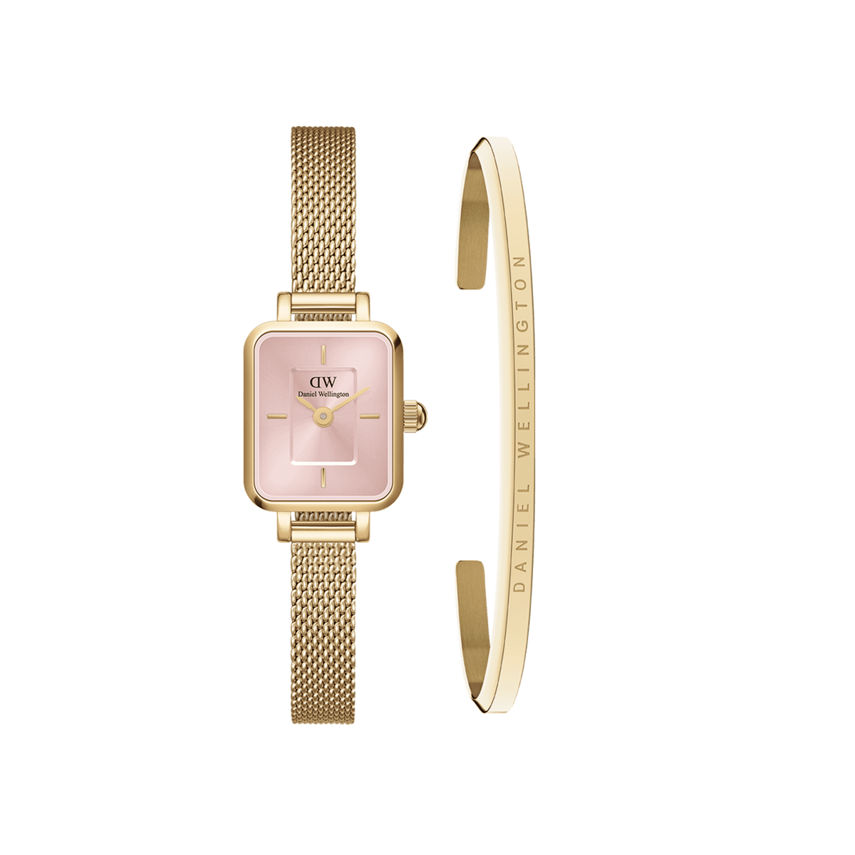 Rectangular gold watch with a blush pink dial and gold mesh strap, paired with a minimalist gold bracelet engraved with the Daniel Wellington signature.