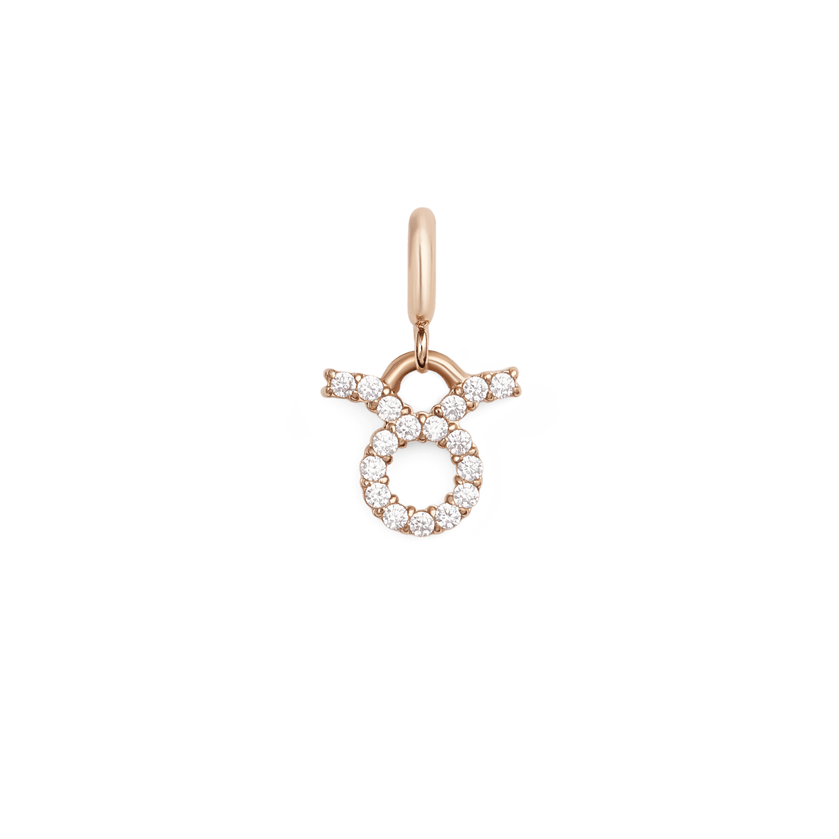 Taurus zodiac watch charm in rose gold, featuring the Taurus symbol embellished with sparkling cubic zirconia crystals on a polished stainless steel charm.