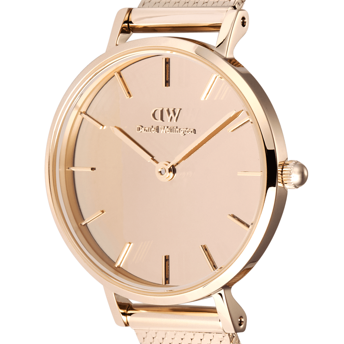 Close-up of the Petite Reflection Rose Gold watch, highlighting its mirror glass dial, minimalist markers, and polished rose gold case for a refined, elegant look.