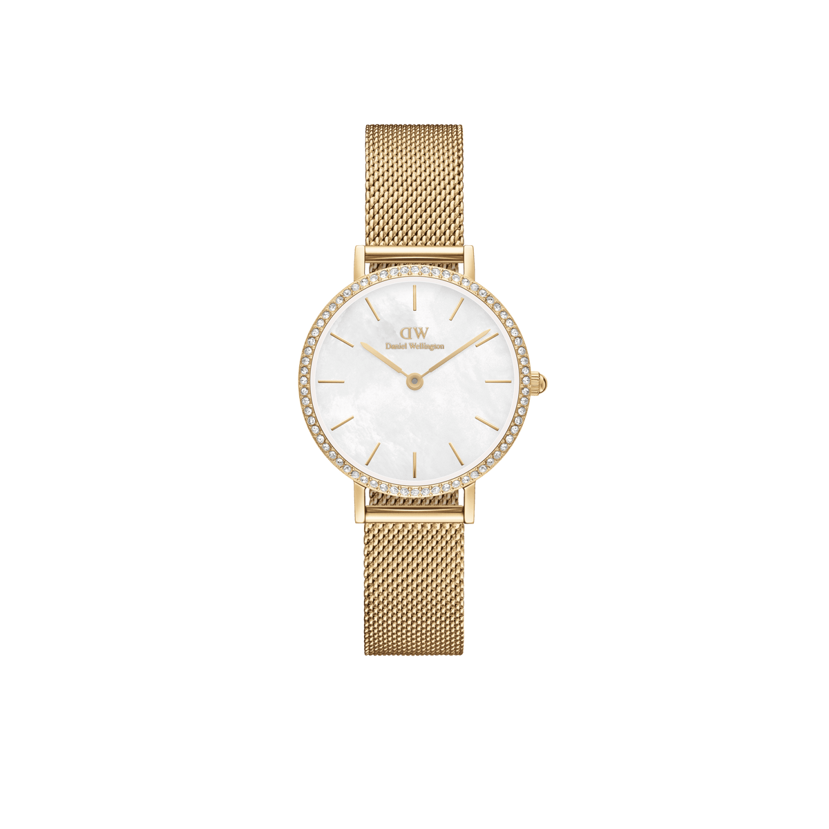 Gold mesh women’s watch with white mother of pearl dial and crystal bezel, Daniel Wellington Petite Lumine Bezel Evergold.