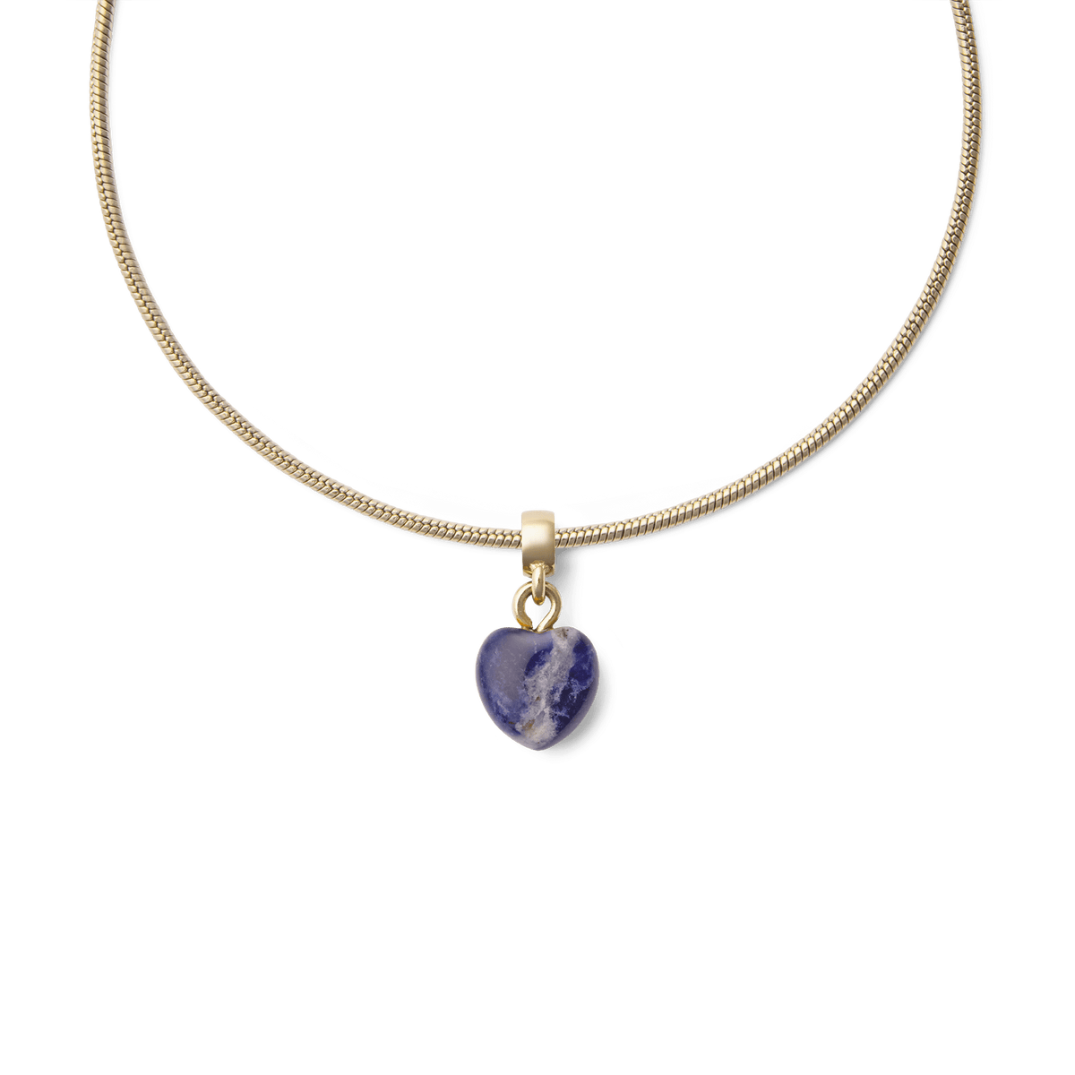 Gold snake chain necklace featuring a heart-shaped blue spot stone charm with natural veining, set in gold PVD-plated stainless steel for a refined, elegant look.
