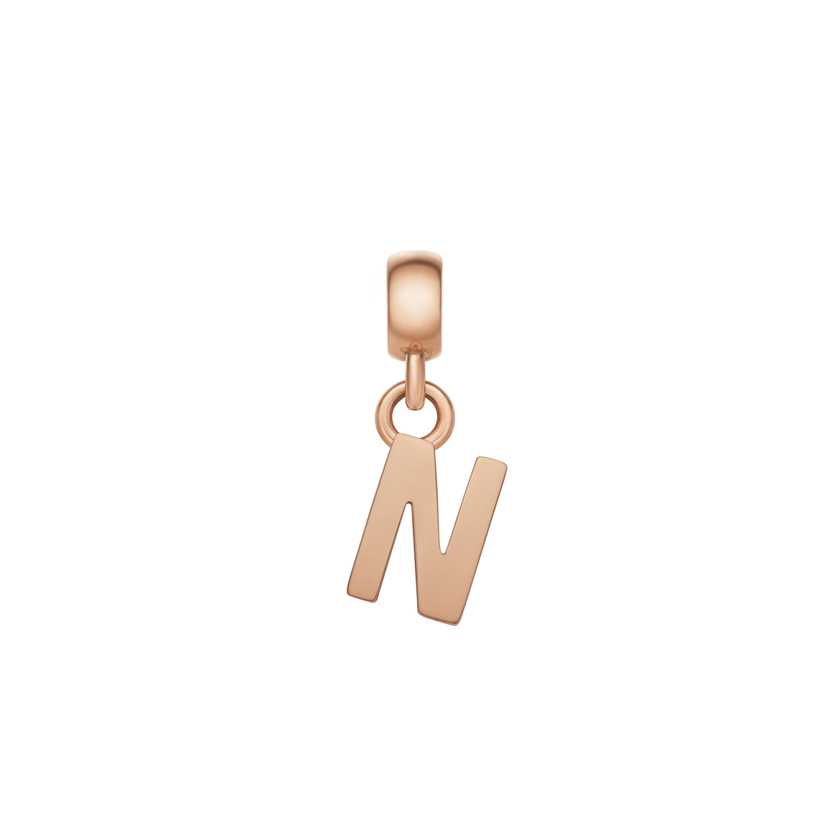 Rose gold letter N charm with a smooth, polished surface and minimalist design, perfect for personalising necklaces or bracelets with an elegant touch.