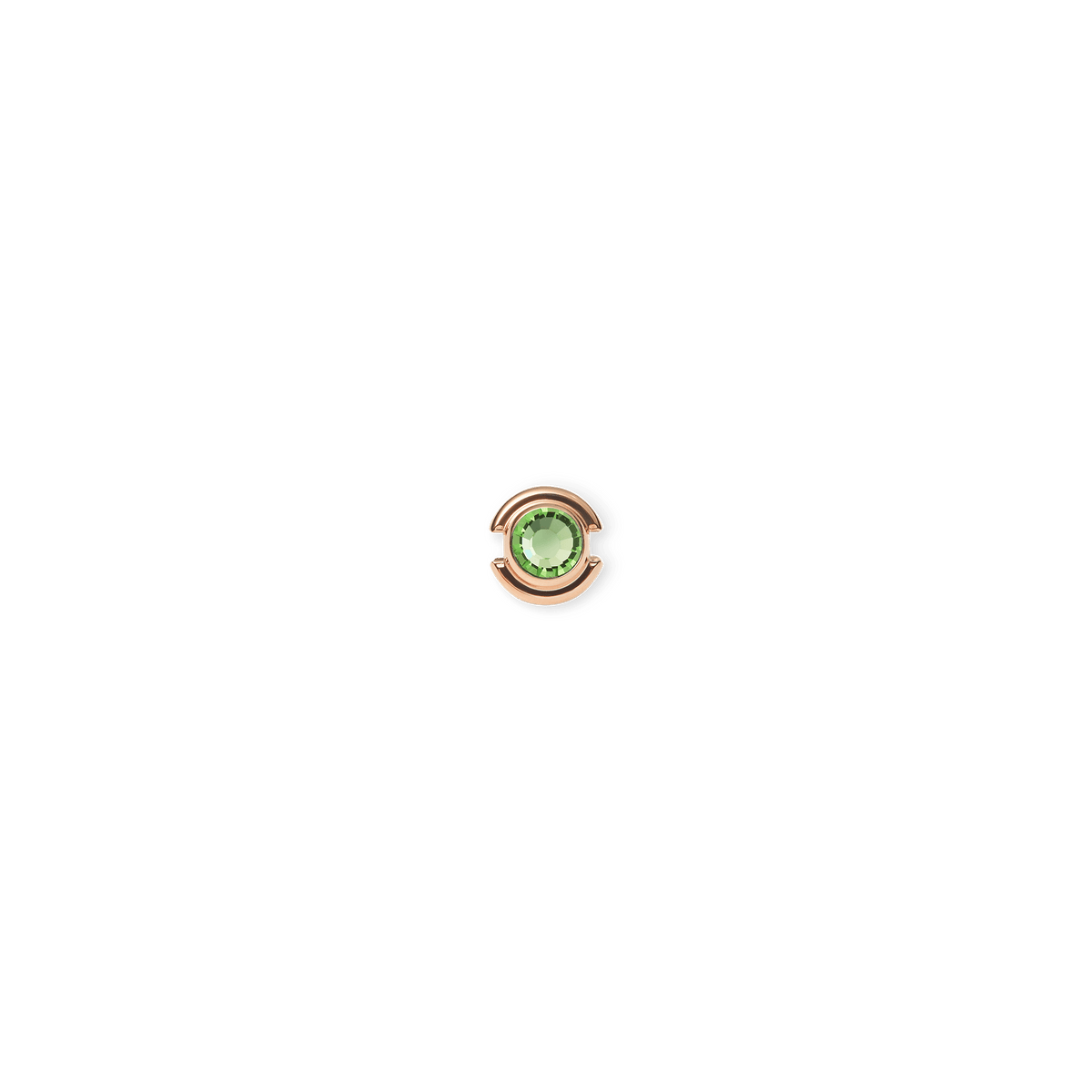 Rose gold charm featuring a round peridot-coloured crystal set in a polished stainless steel frame, designed for bracelets or necklaces.