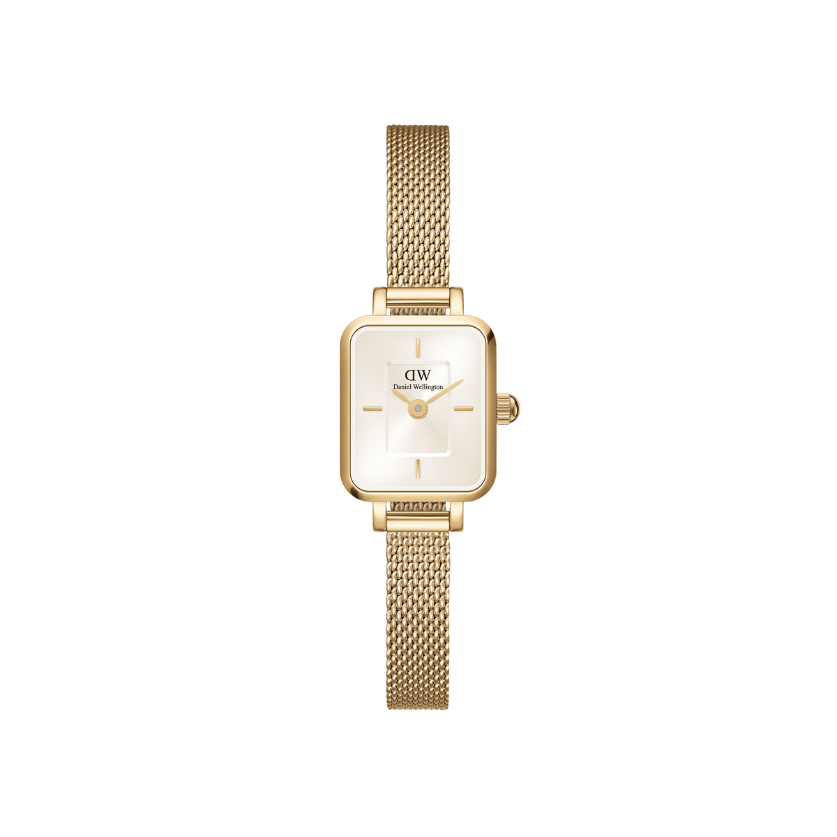 Quadro Mini Evergold Champagne women’s watch with gold mesh strap and rectangular champagne sunray dial by Daniel Wellington.