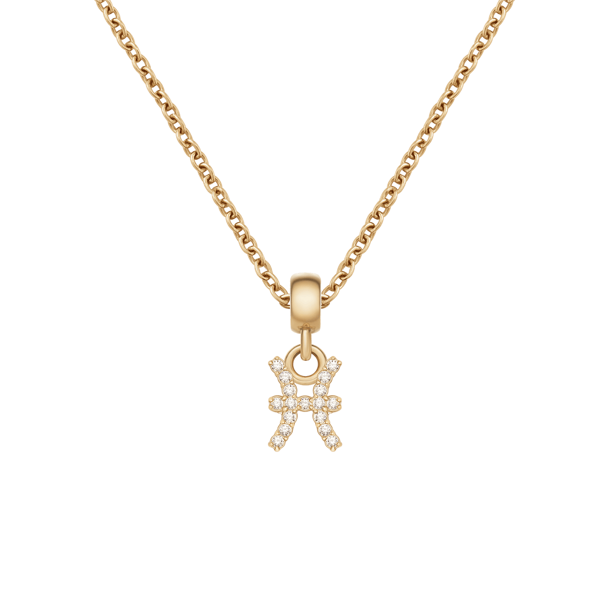Gold Pisces zodiac charm necklace featuring a sparkling cubic zirconia pendant on a delicate gold chain, perfect for personalising your jewellery collection.