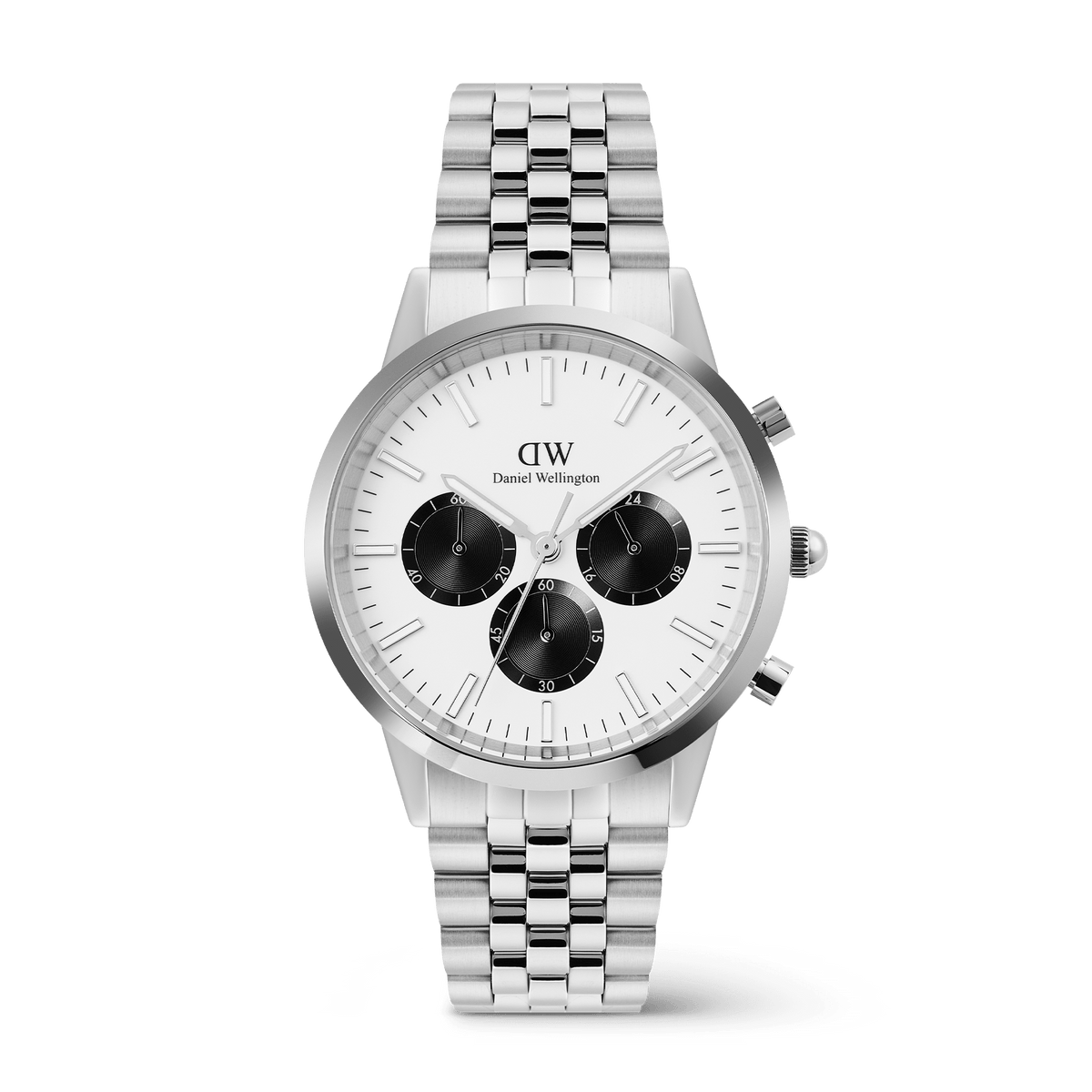 Silver Daniel Wellington Iconic Chronograph Arch watch featuring a polished 5-link stainless steel bracelet, a white enamel dial with bold black sub-dials in the classic panda style, and luminous hands and indexes for clear readability.